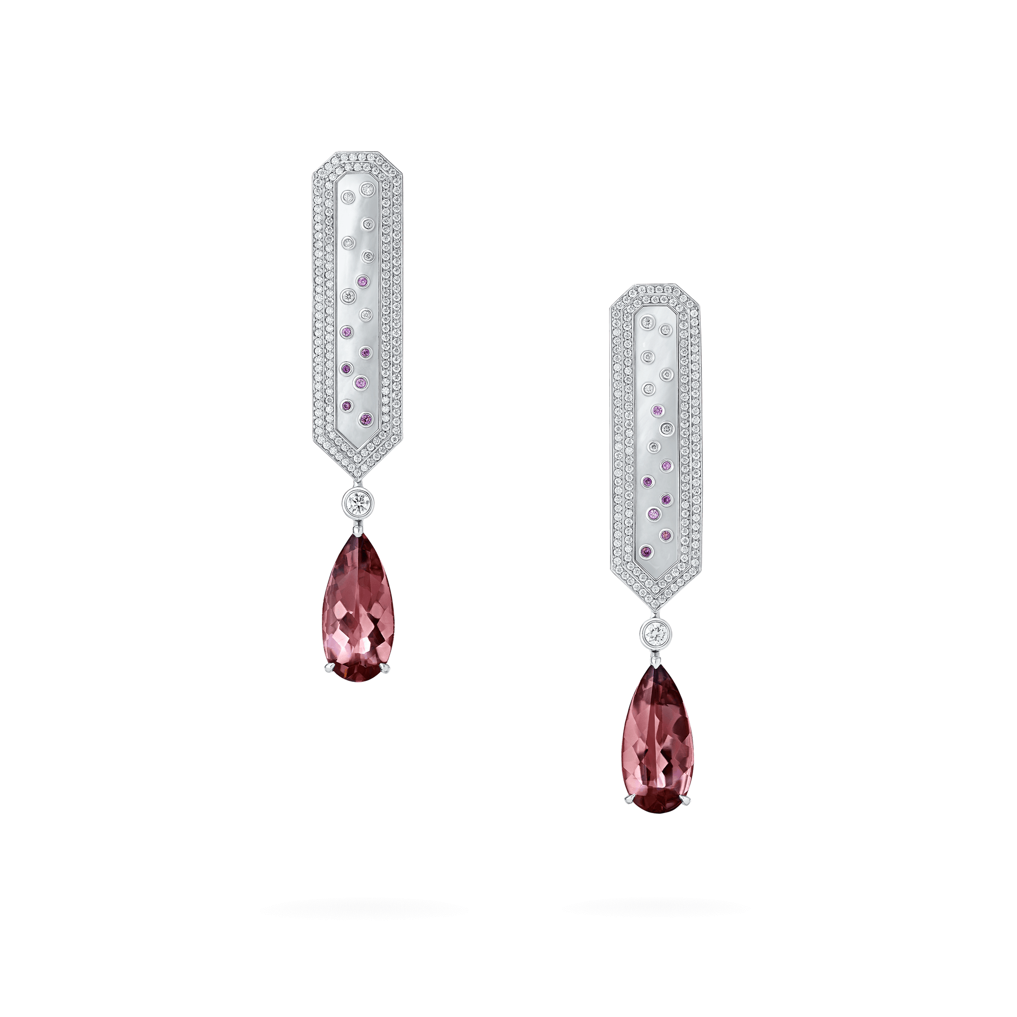 Garrard Couture Desert Rose Panel Earrings In 18ct White Gold with Tourmalines Diamonds Pink Sapphires and Mother of Pearl 2018132