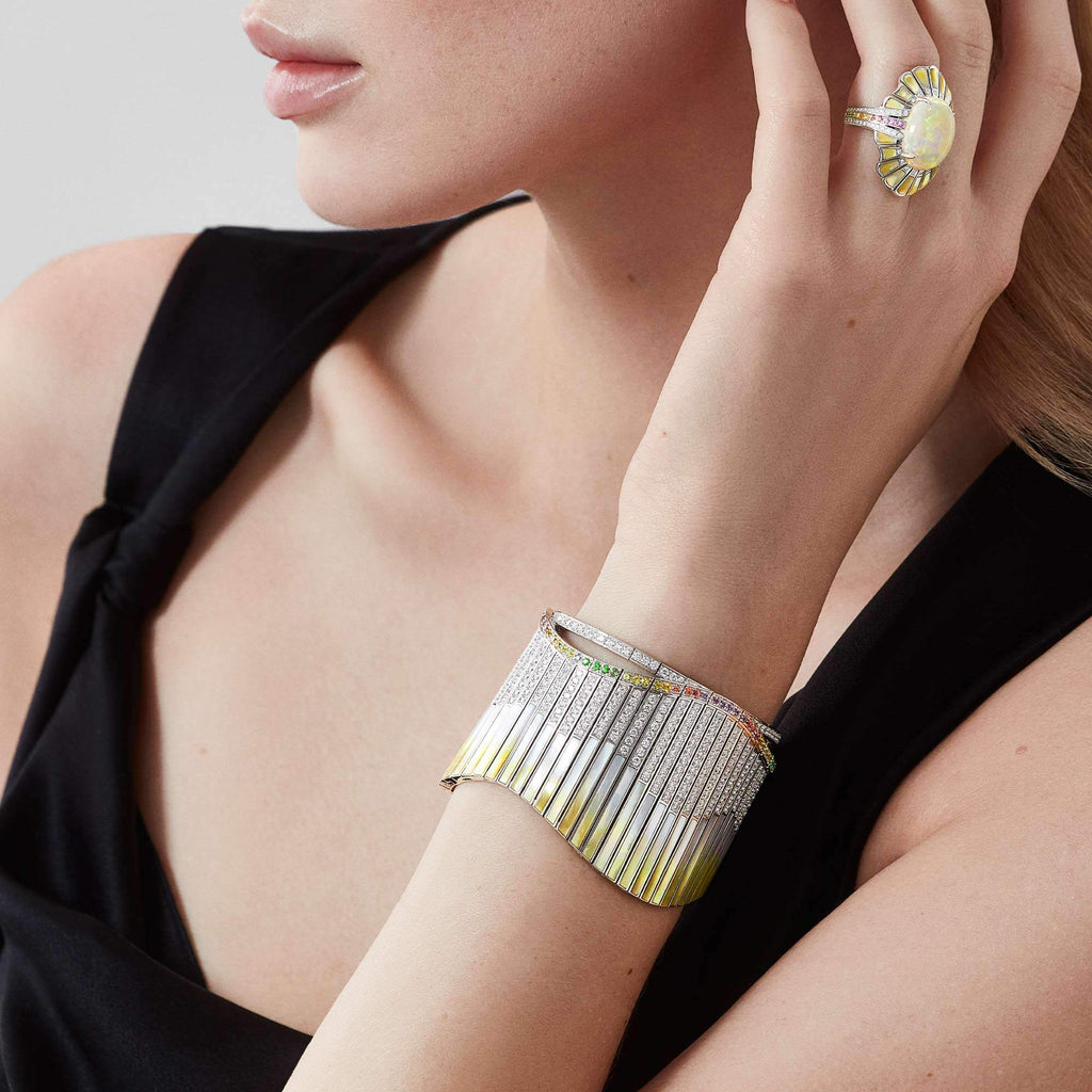 Garrard Couture Northern Lights Bracelet In 18ct White Gold with Sapphires Tsavorites Diamonds and Mother of Pearl 2018093 and ring model