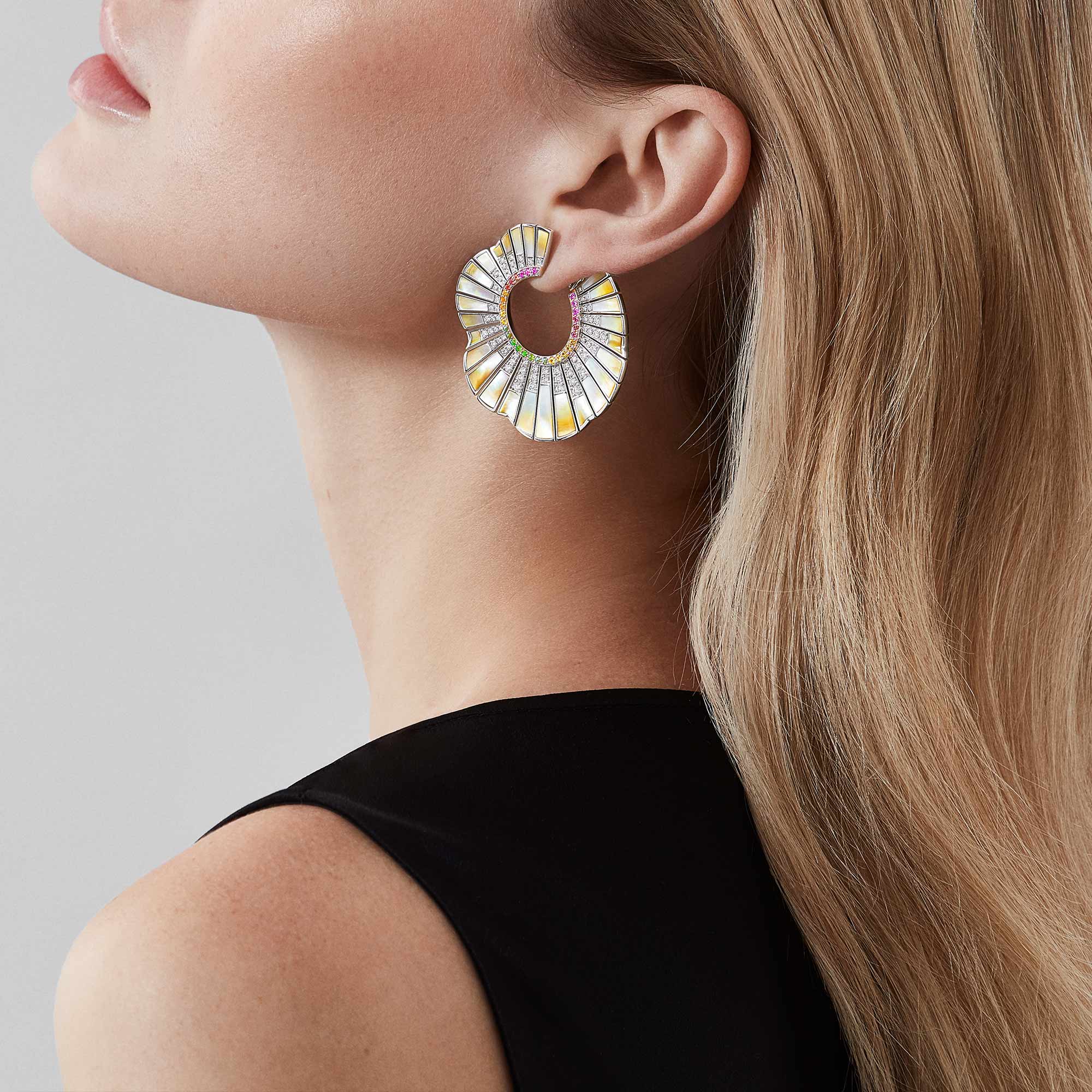 Garrard Couture Northern Lights Earrings In 18ct White Gold with Sapphires Tsavorites Diamonds and Mother of Pearl 2018094 model