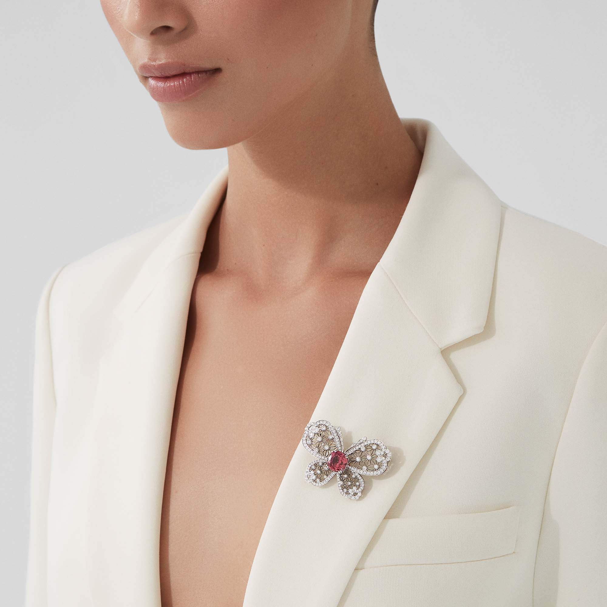 Garrard Enchanted Palace Jewellery Collection Filigree 6.86ct Pink Tourmaline and Diamond Brooch In 18ct White Gold, 2017884, Model