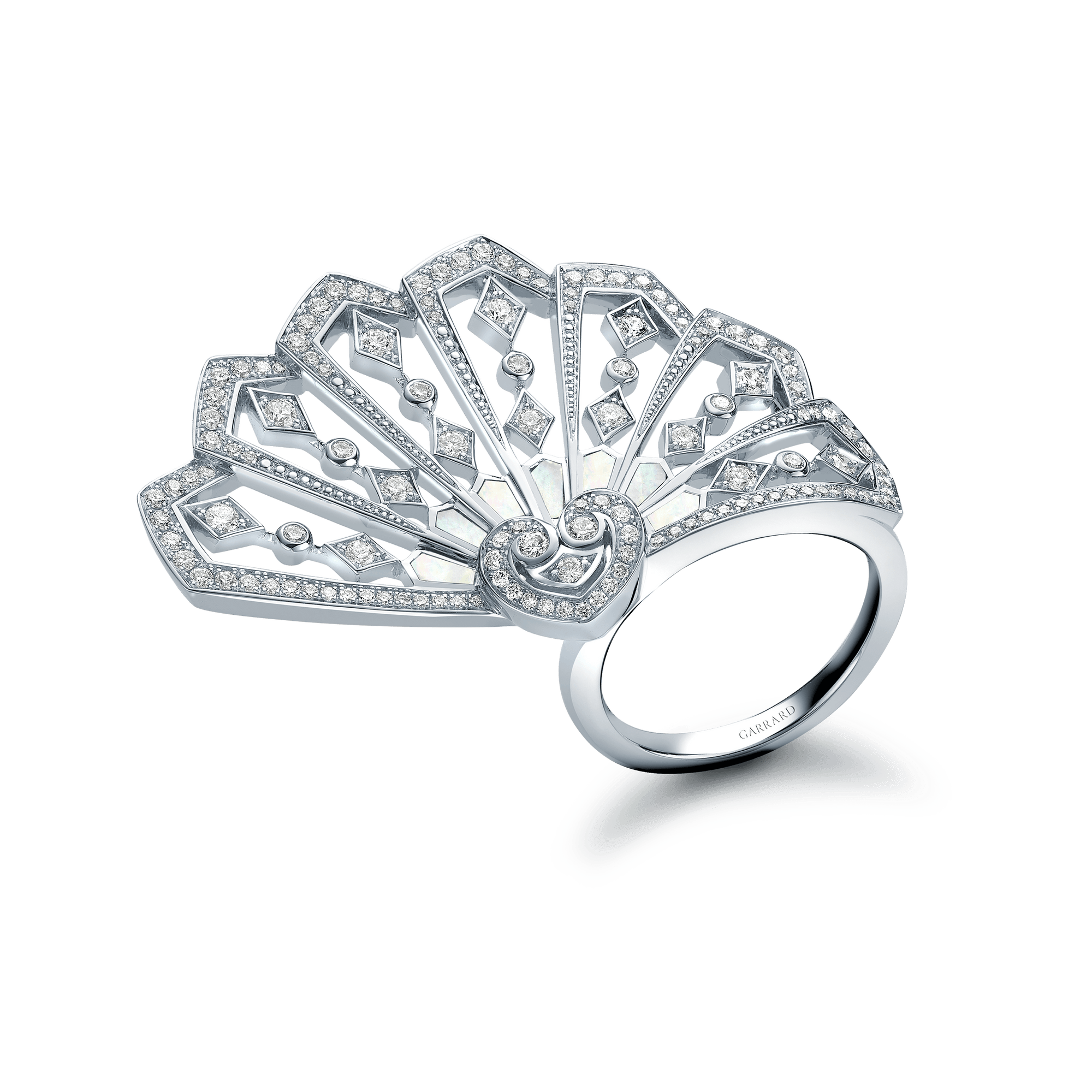 Garrard Fanfare Classic jewellery collection white diamond and mother of pearl ring in 18ct white gold 2015313 Hero View