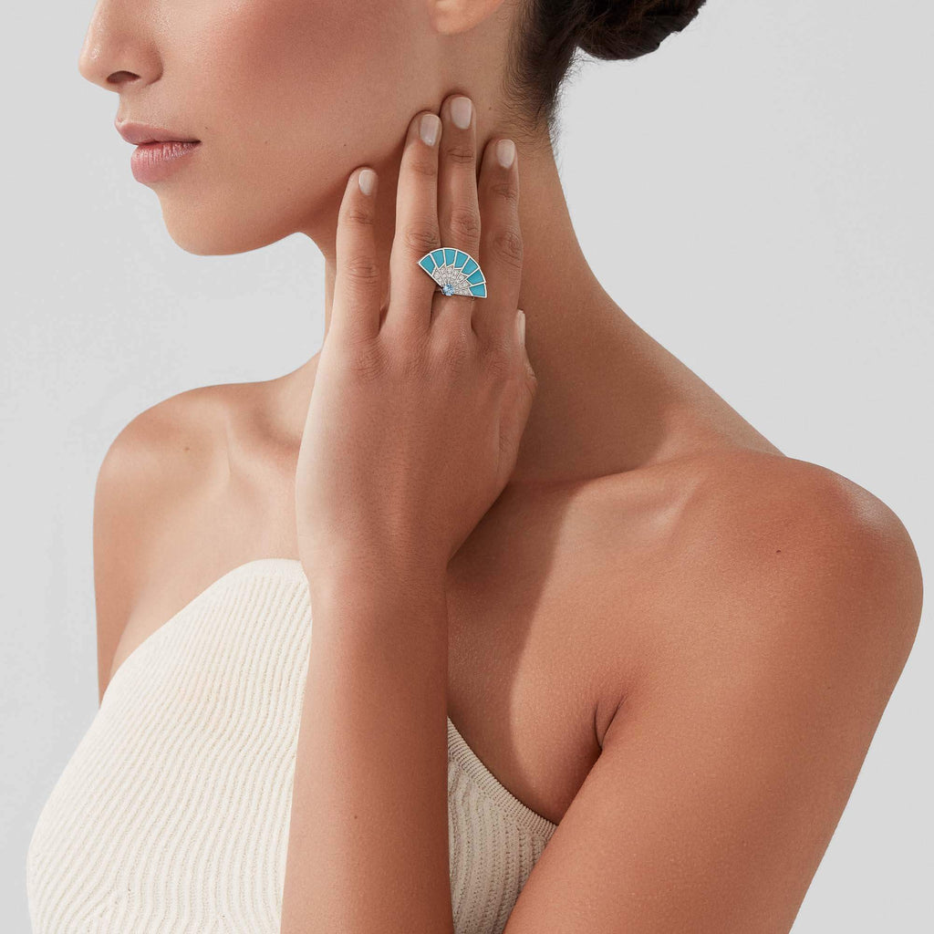 Garrard Fanfare Jewellery Collection Symphony Aquamarine and Turquoise Ring In 18ct White Gold with Diamonds, 2018284, model View new