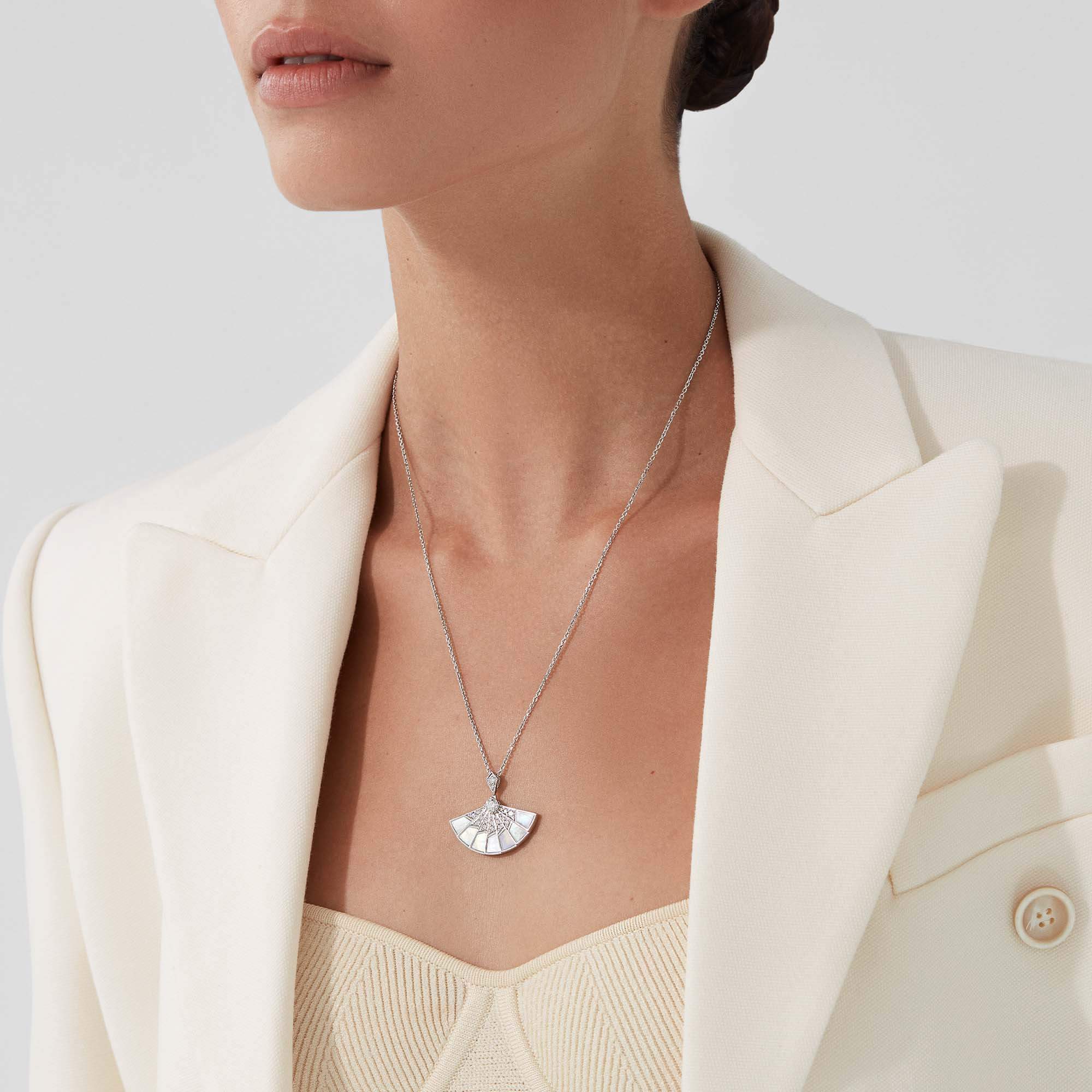 Garrard Fanfare Jewellery Collection Symphony Diamond and Mother of Pearl Slider Pendant In 18ct White Gold, 2018263, Model View new