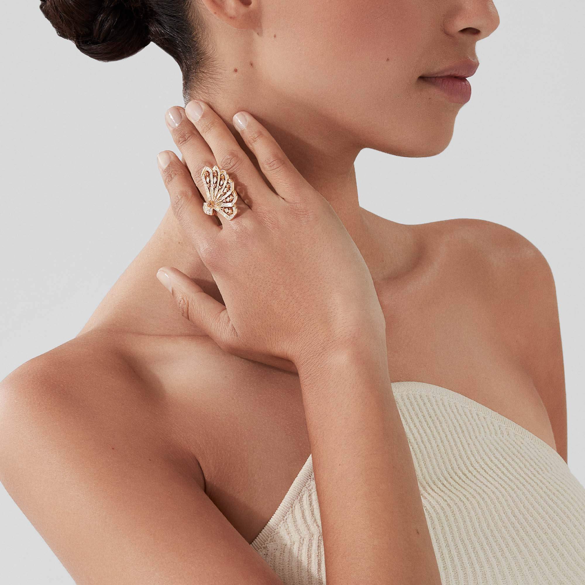 Garrard Fanfare Jewellery Collection Symphony Diamond and Orange Sapphire Ring In 18ct Yellow Gold with Golden Mother of Pearl, 2018748, Model