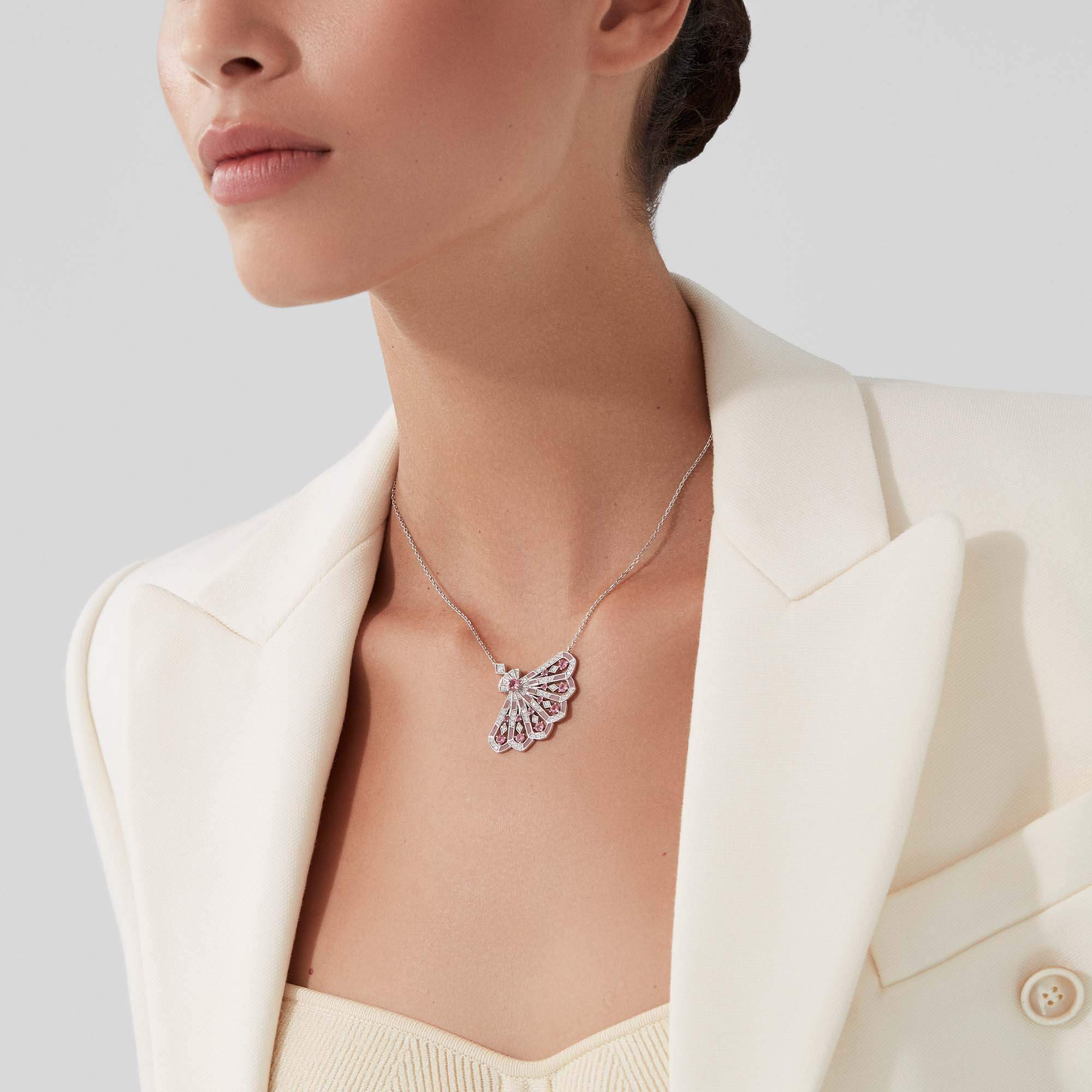 Garrard Fanfare Jewellery Collection Symphony Diamond and Pink Tourmaline Pendant In 18ct White Gold with Pink Opal, 2017283, Model