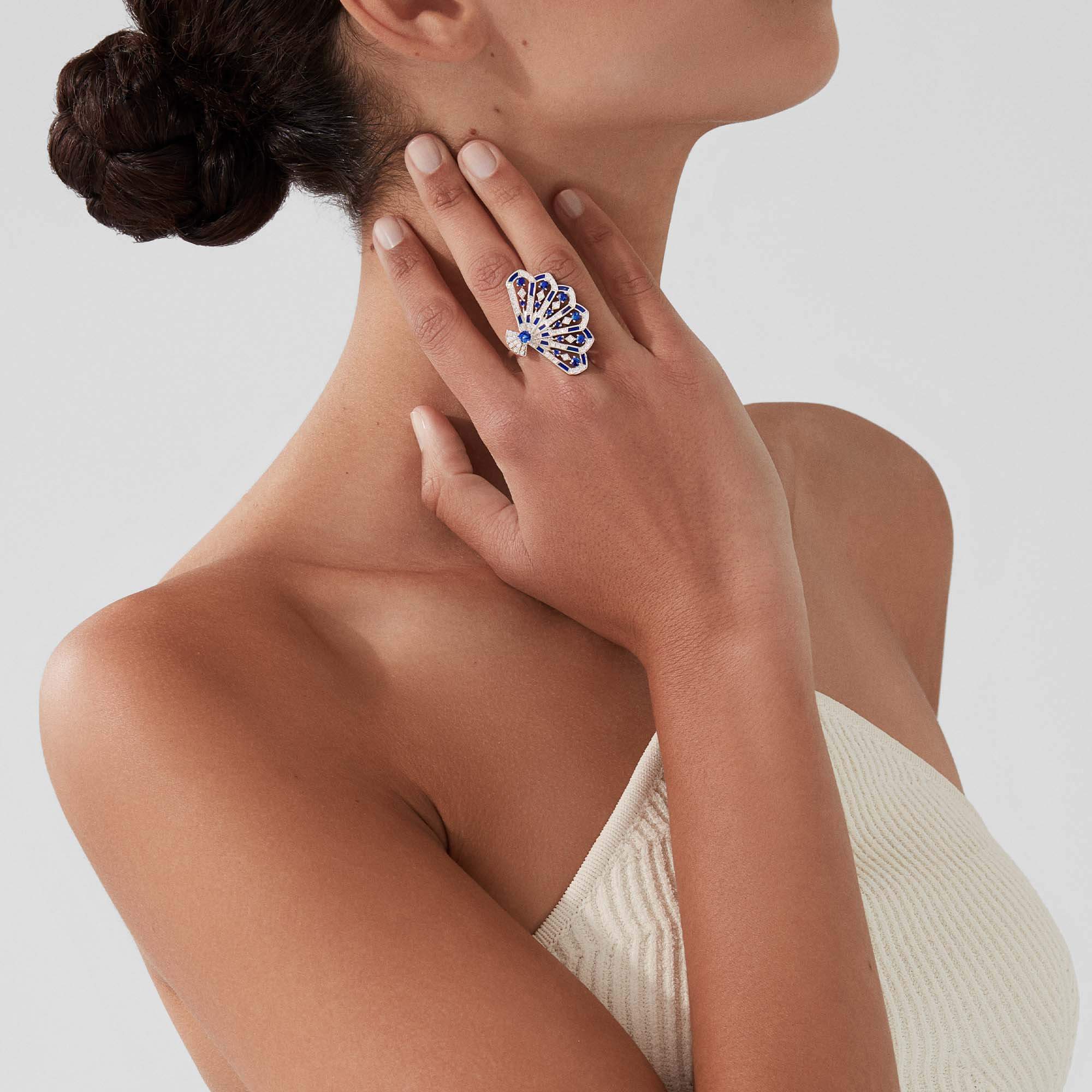 Garrard Fanfare Jewellery Collection Symphony Diamond and Sapphire Ring In 18ct White Gold with Lapis Lazuli, 2017314, Model View
