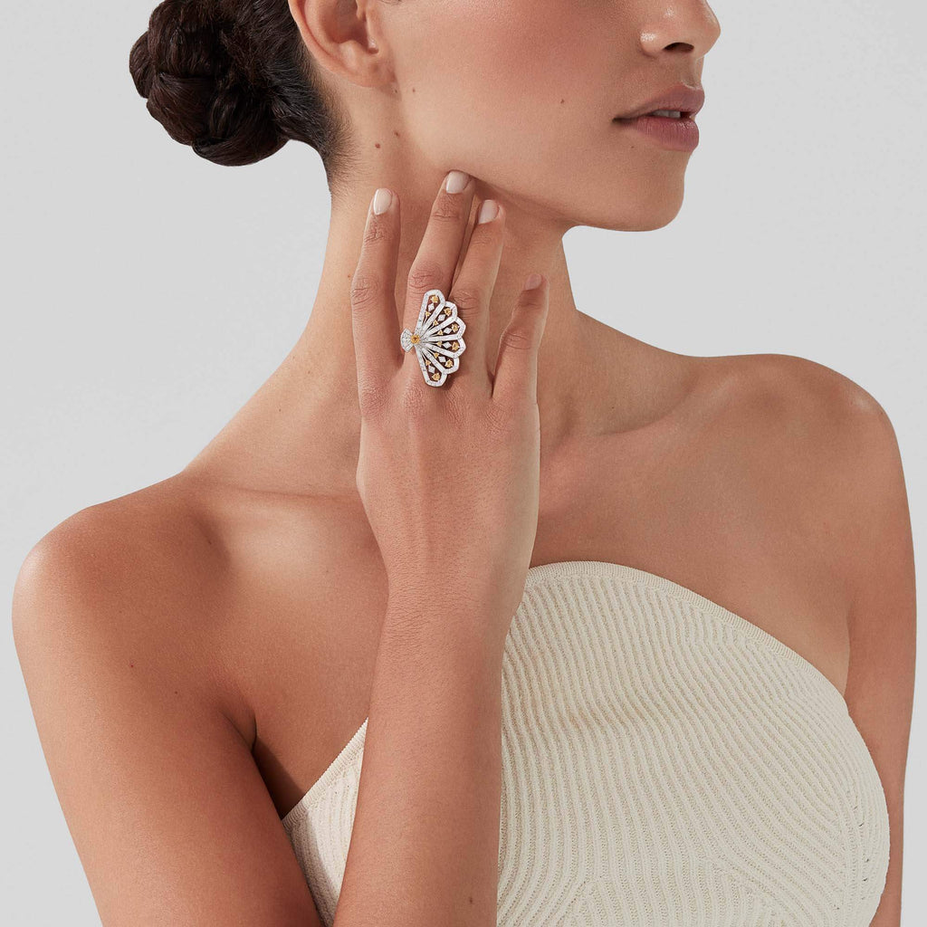 Garrard Fanfare Jewellery Collection Symphony Diamond and Yellow Sapphire Ring in 18ct White Gold with White Agate, 2017362, Model View