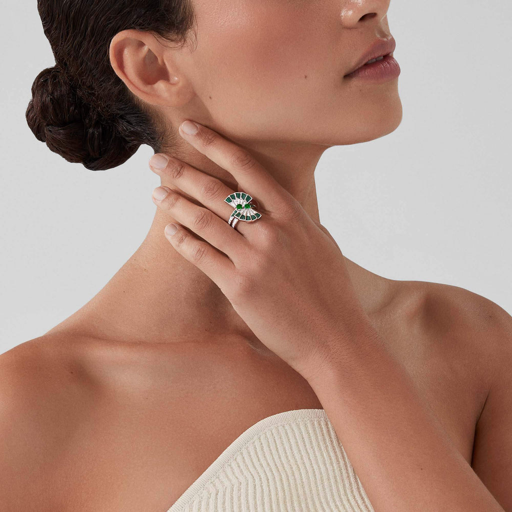 Garrard Fanfare Jewellery Collection Symphony Double Diamond and Emerald Ring In 18ct White Gold with Malachite, 2017359, Model View
