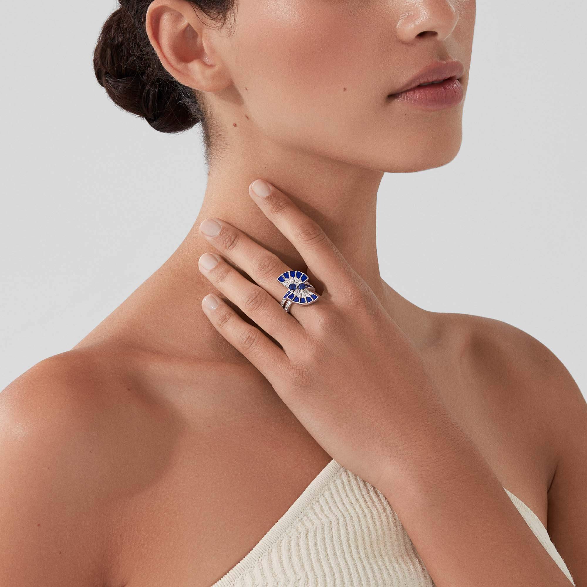 Garrard Fanfare Jewellery Collection Symphony Double Sapphire and Lapis Lazuli Ring In 18ct White Gold with Diamonds, 2017357, Model View