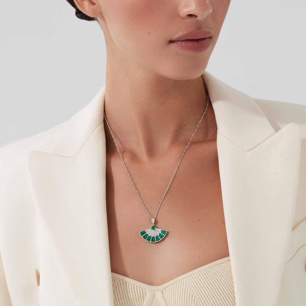 Garrard Fanfare Jewellery Collection Symphony Emerald and Malachite Slider Pendant In 18ct White Gold with Diamonds, 2018259, Model View new