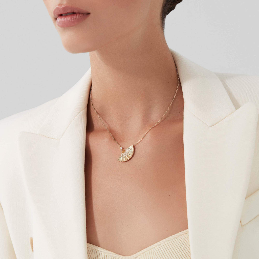 Garrard Fanfare Jewellery Collection Symphony Orange Sapphire and Golden Mother of Pearl Pendant In 18ct Yellow Gold with Diamonds, 2018707, Model View