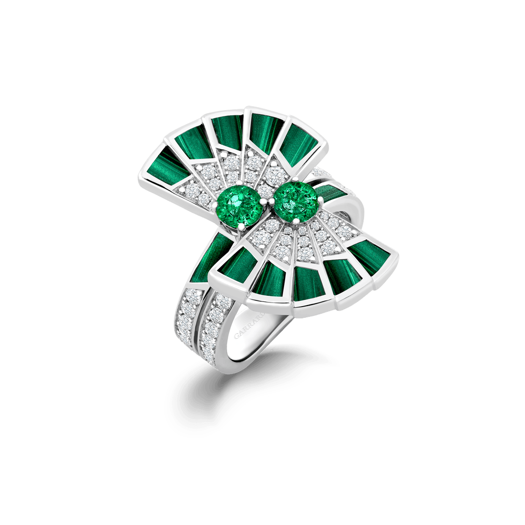 Fanfare Symphony Double Emerald and Malachite Ring | In 18ct White Gold with Diamonds