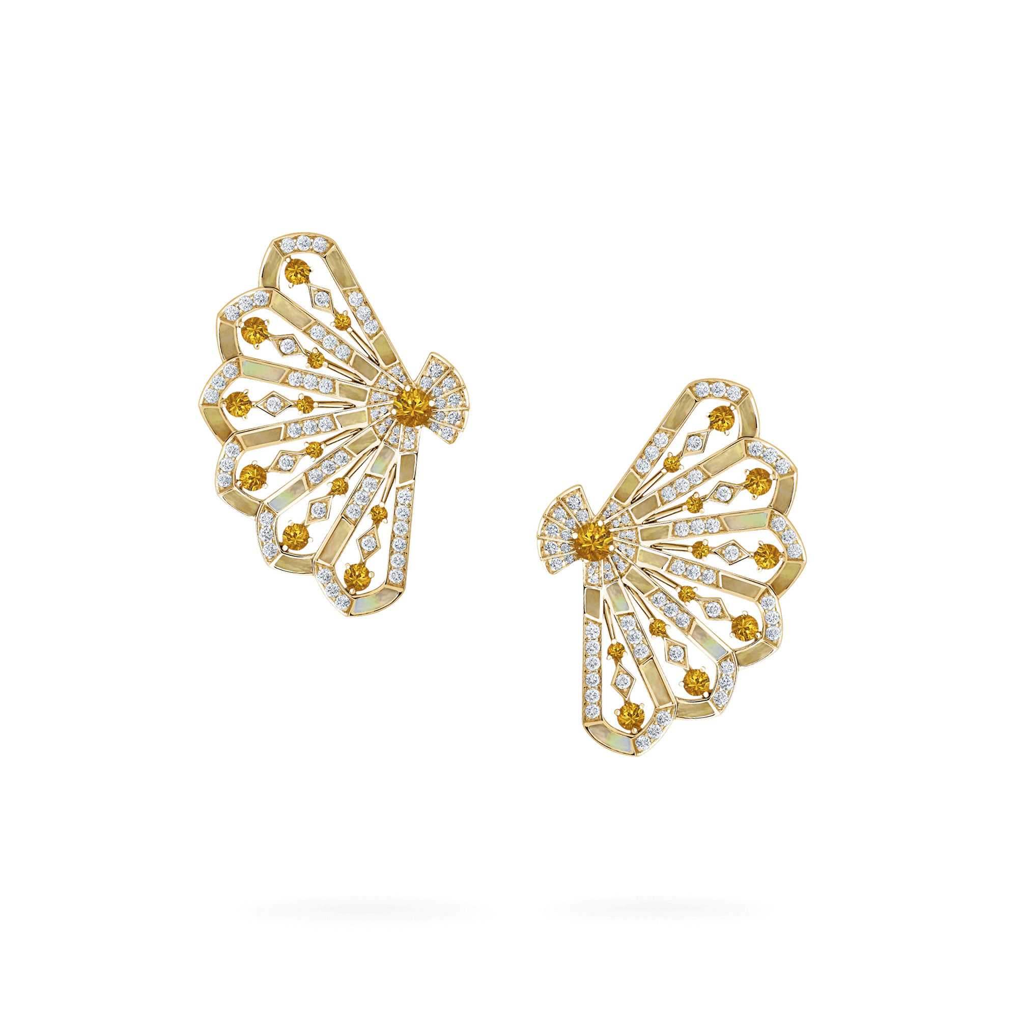 Garrard Fanfare Symphony Jewellery Collection Diamond and Orange Sapphire Earrings In 18ct Yellow Gold with Golden Mother of Pearl 2018740 Hero