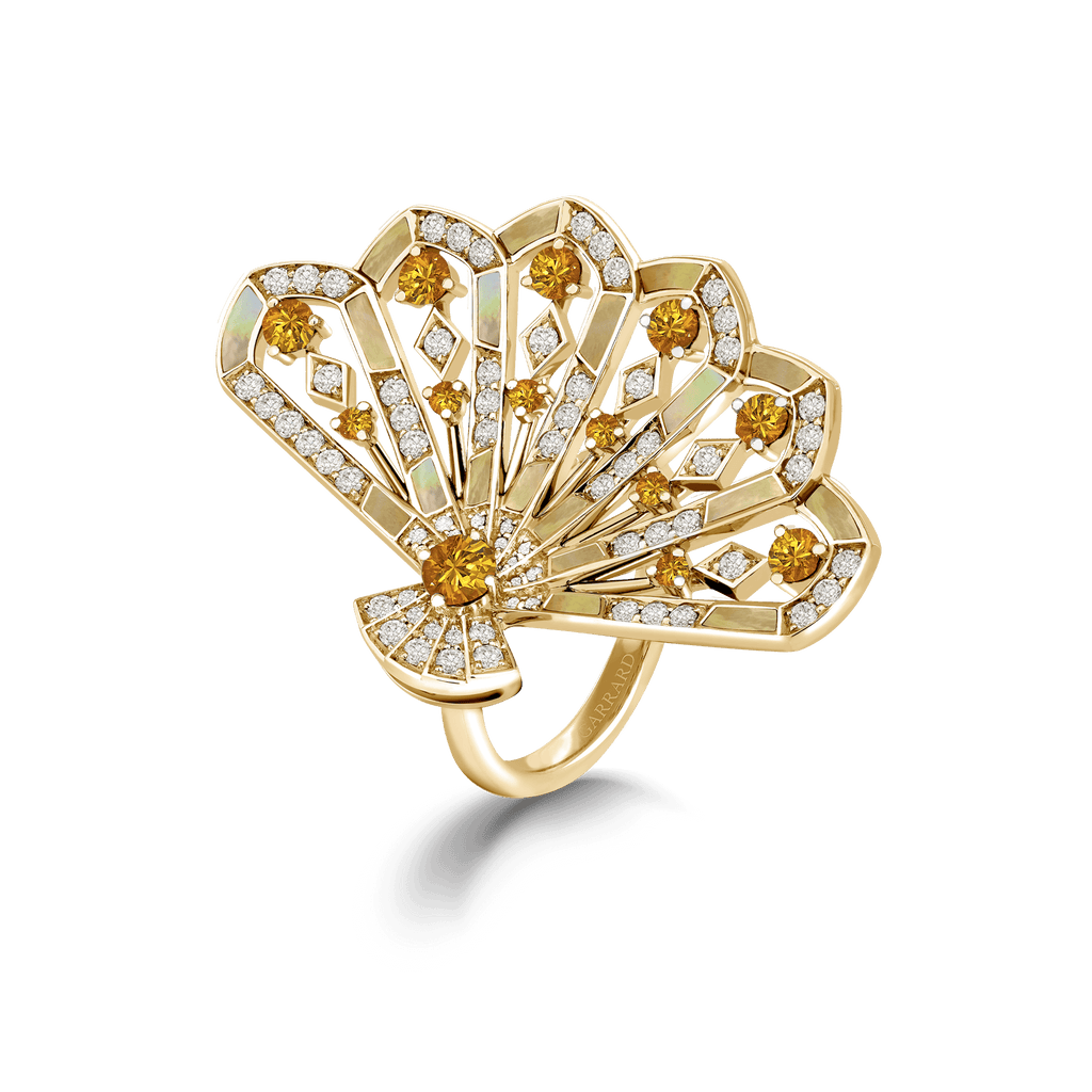 Garrard Fanfare Symphony Jewellery Collection Diamond and Orange Sapphire Ring In 18ct Yellow Gold with Golden Mother of Pearl 2018748 Hero
