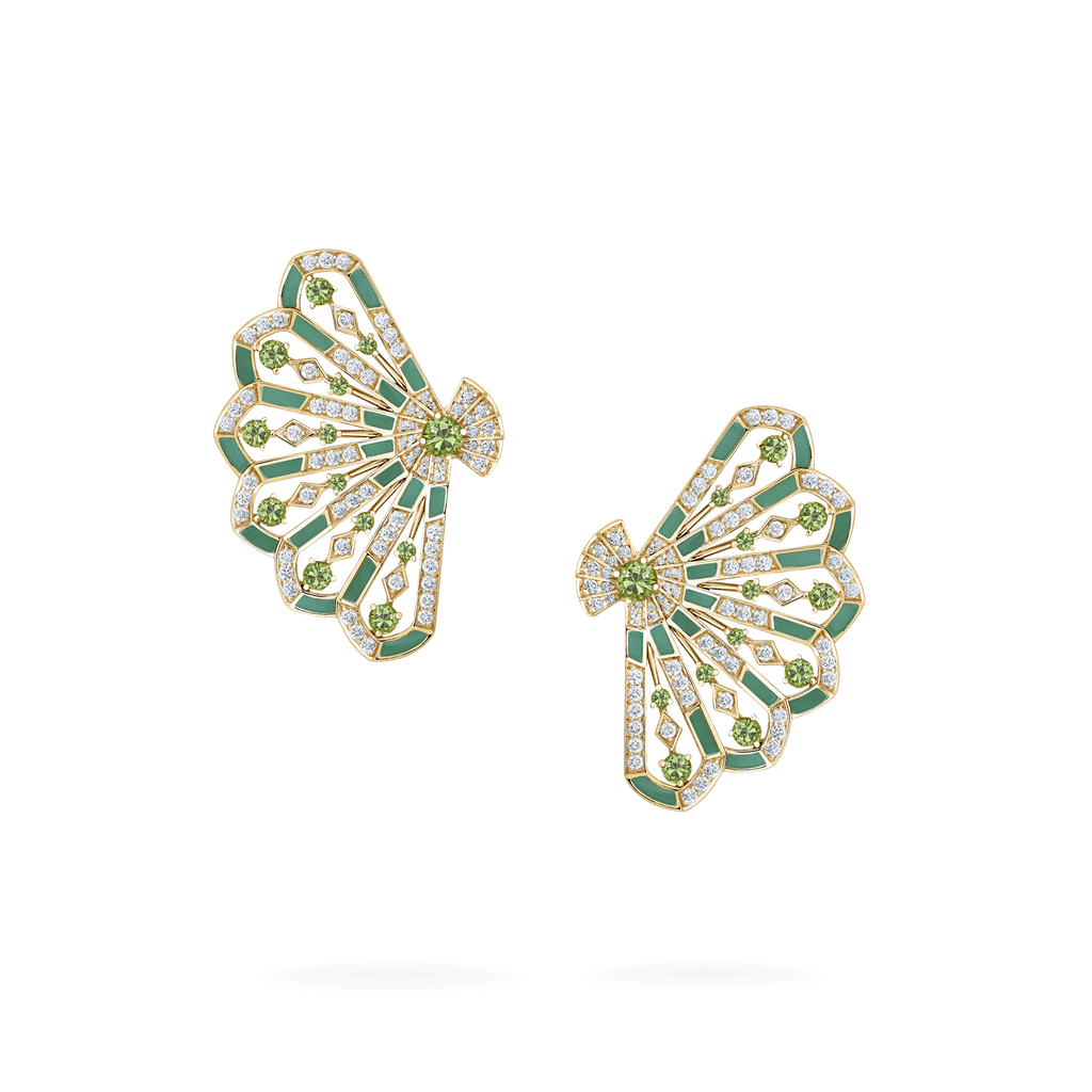 Garrard Fanfare Symphony Jewellery Collection Diamond and Tsavorite Earrings In 18ct Yellow Gold with Apple Malachite 2018741 Hero