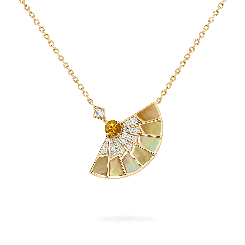 Garrard Fanfare Symphony Jewellery Collection Orange Sapphire and Golden Mother of Pearl Pendant In 18ct Yellow Gold with Diamonds 2018707 Hero View