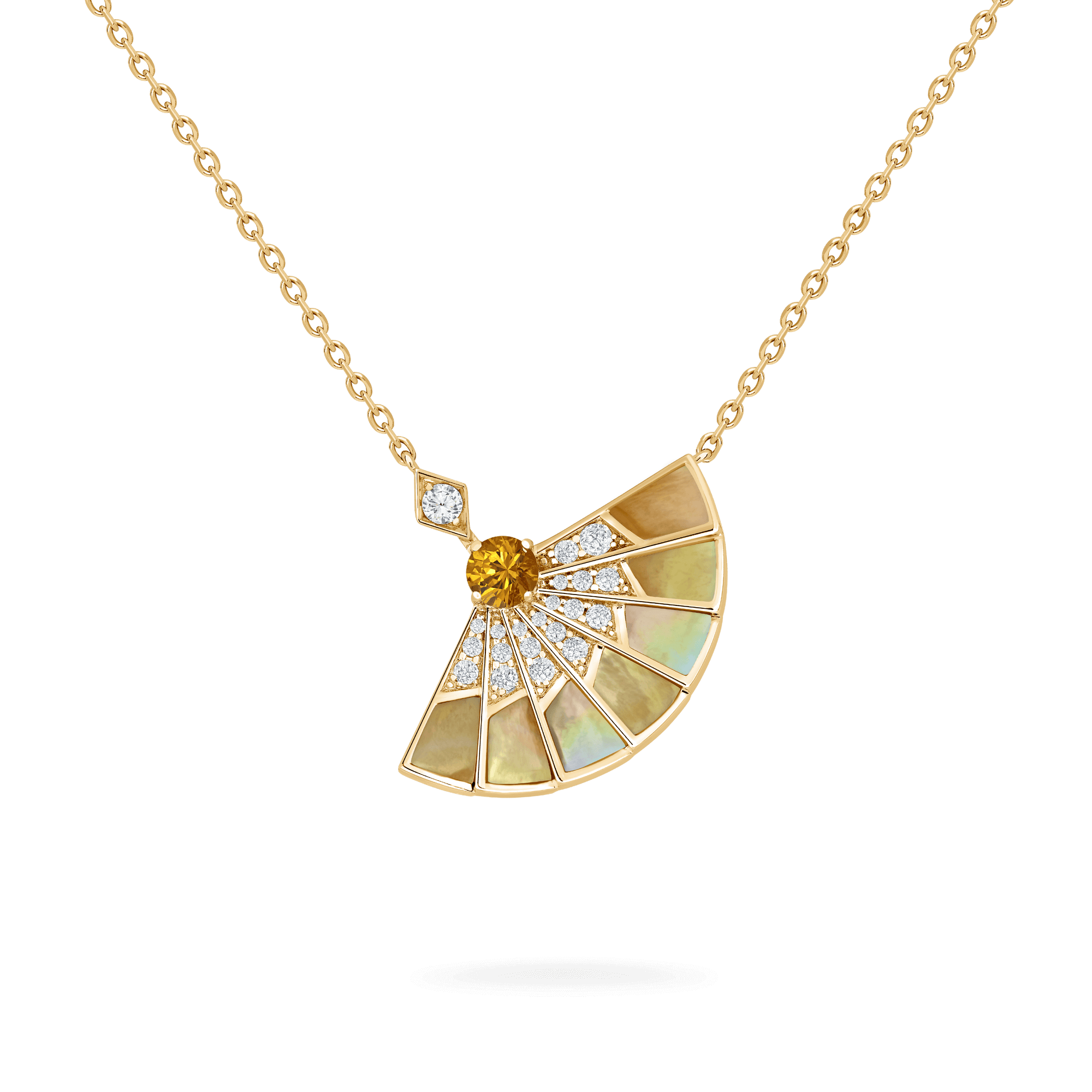 Garrard Fanfare Symphony Jewellery Collection Orange Sapphire and Golden Mother of Pearl Pendant In 18ct Yellow Gold with Diamonds 2018707 Hero View