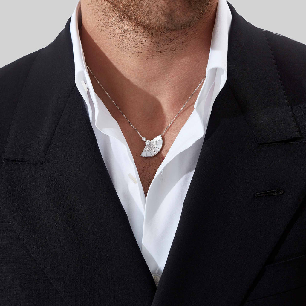 Garrard Fanfare Symphony collection Diamond and Mother of Pearl Pendant In 18ct White Gold 2017340 Male Model