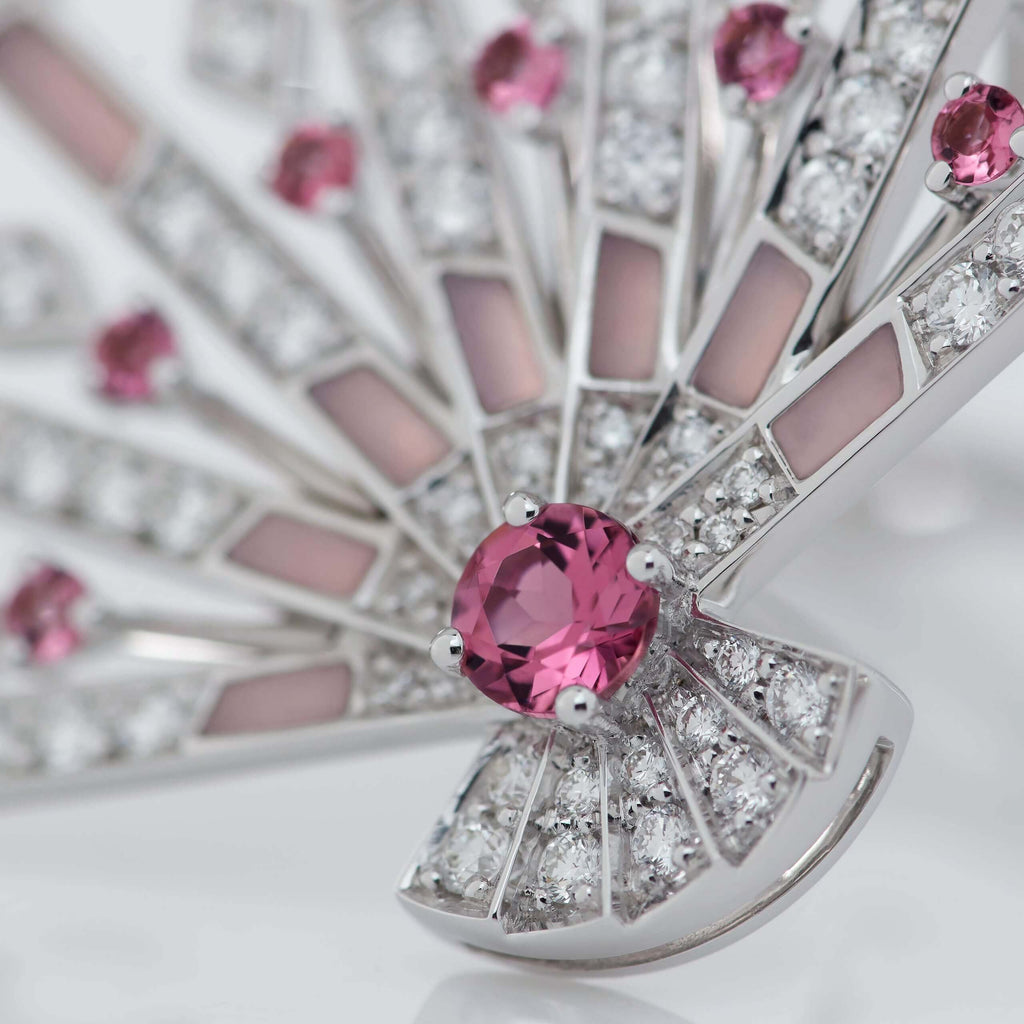 Fanfare Symphony Diamond and Pink Tourmaline Earrings | In 18ct White Gold with Pink Opal