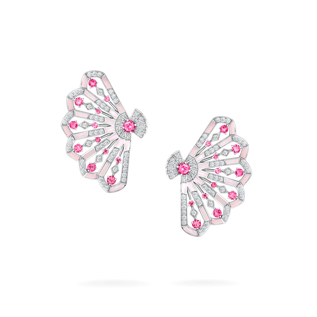 Fanfare Symphony Diamond and Pink Tourmaline Earrings | In 18ct White Gold with Pink Opal