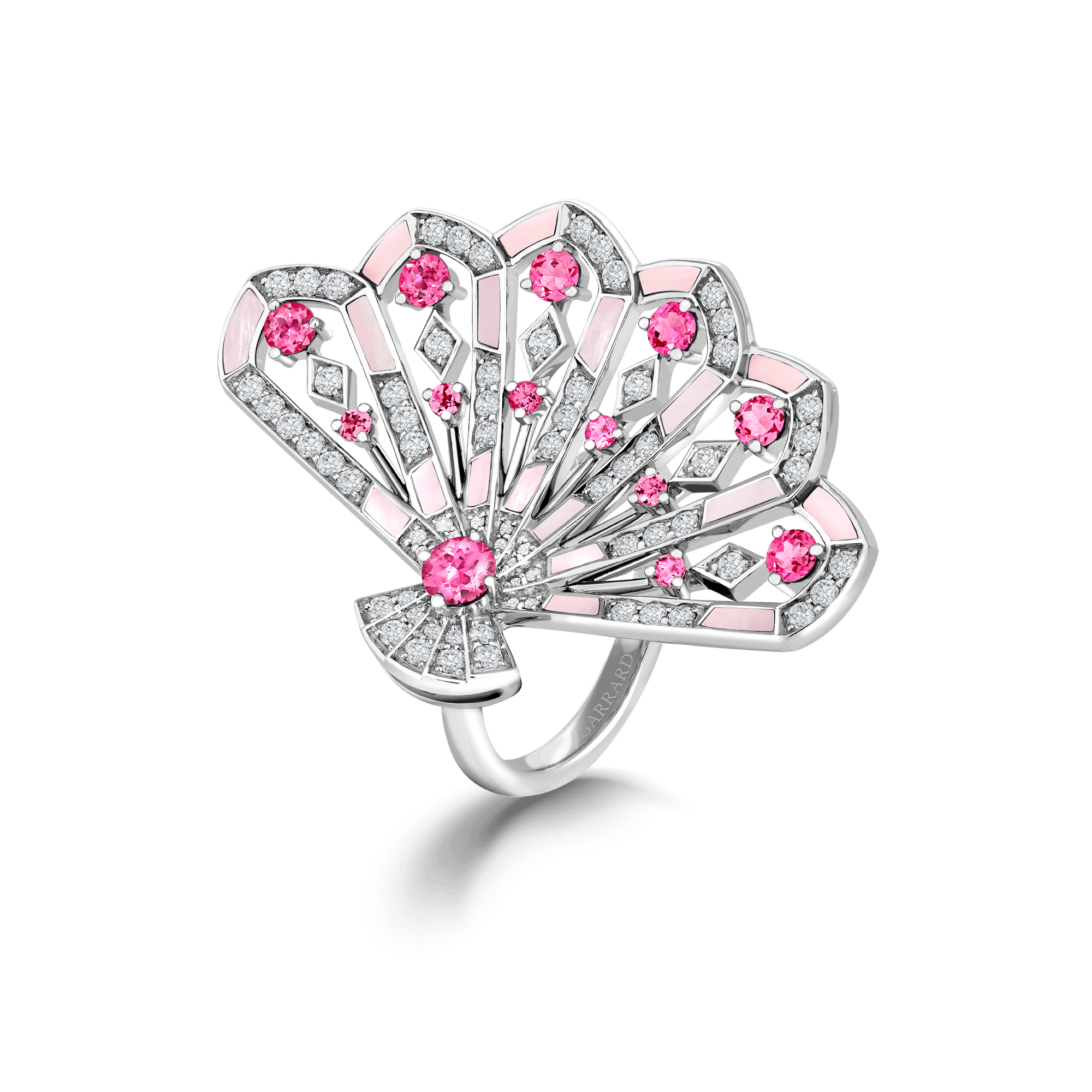 Fanfare Symphony Diamond and Pink Tourmaline Ring | In 18ct White Gold with Pink Opal