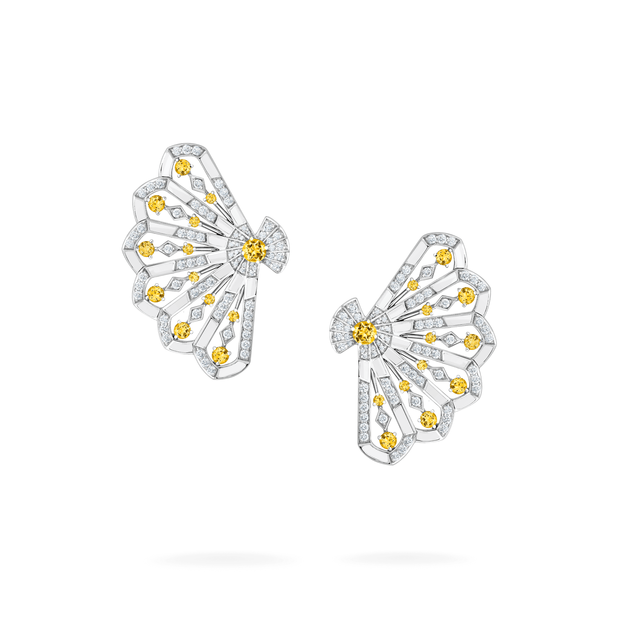 Fanfare Symphony Diamond and Yellow Sapphire Earrings | In 18ct White Gold with White Agate