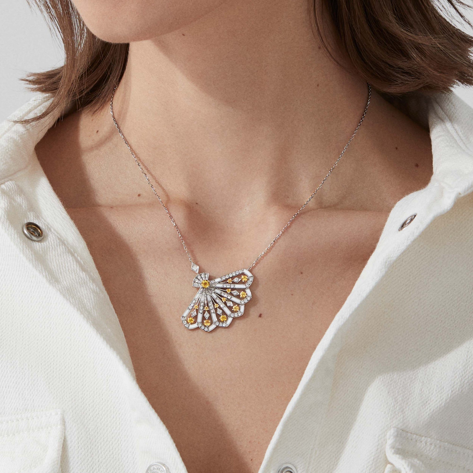 Garrard Fanfare Symphony collection Diamond and Yellow Sapphire Pendant in 18ct White Gold with White Agate 2017352 model