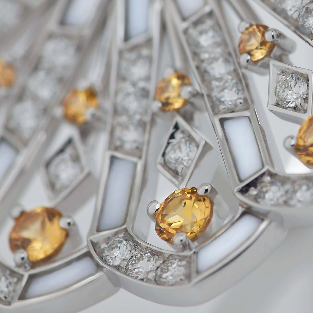 Fanfare Symphony Diamond and Yellow Sapphire Pendant | In 18ct White Gold with White Agate