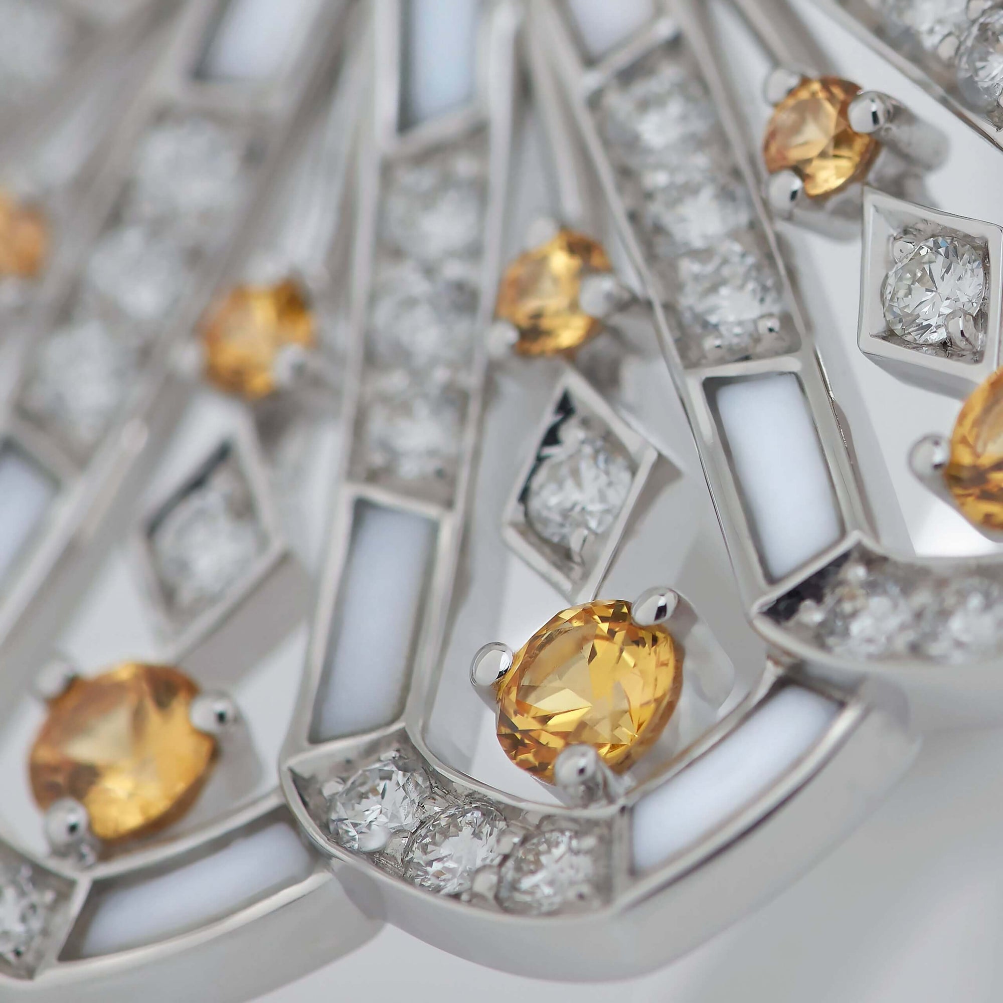 Fanfare Symphony Diamond and Yellow Sapphire Pendant | In 18ct White Gold with White Agate