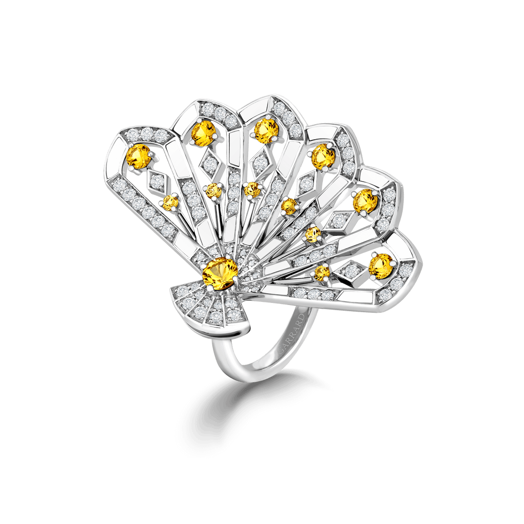 Garrard Fanfare Symphony collection Diamond and Yellow Sapphire Ring in 18ct White Gold with White Agate 2017362 Hero View