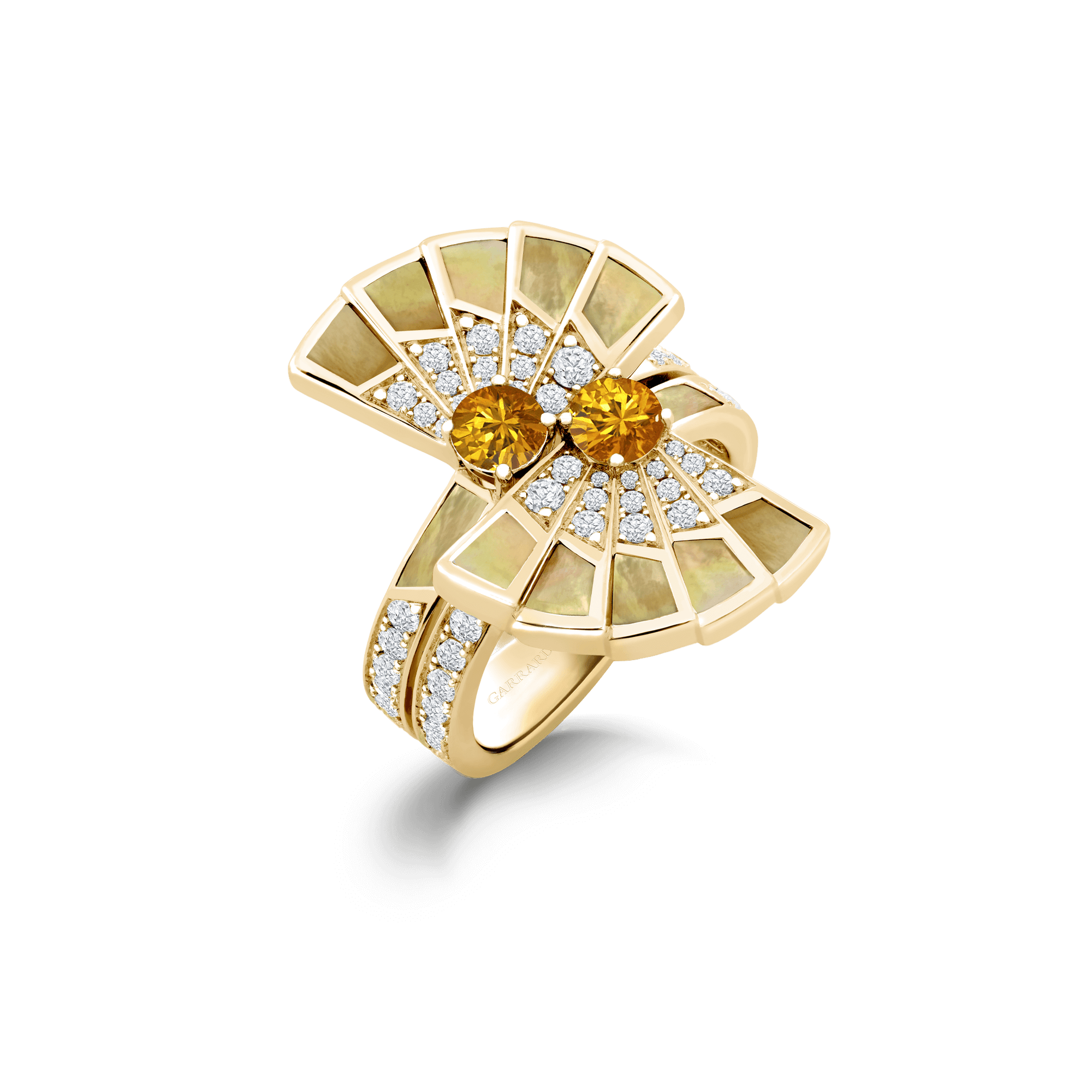 Garrard Fanfare Symphony jewellery collection Double Orange Sapphire and Golden Mother of Pearl Ring In 18ct Yellow Gold with Diamonds 2018719 Hero.png