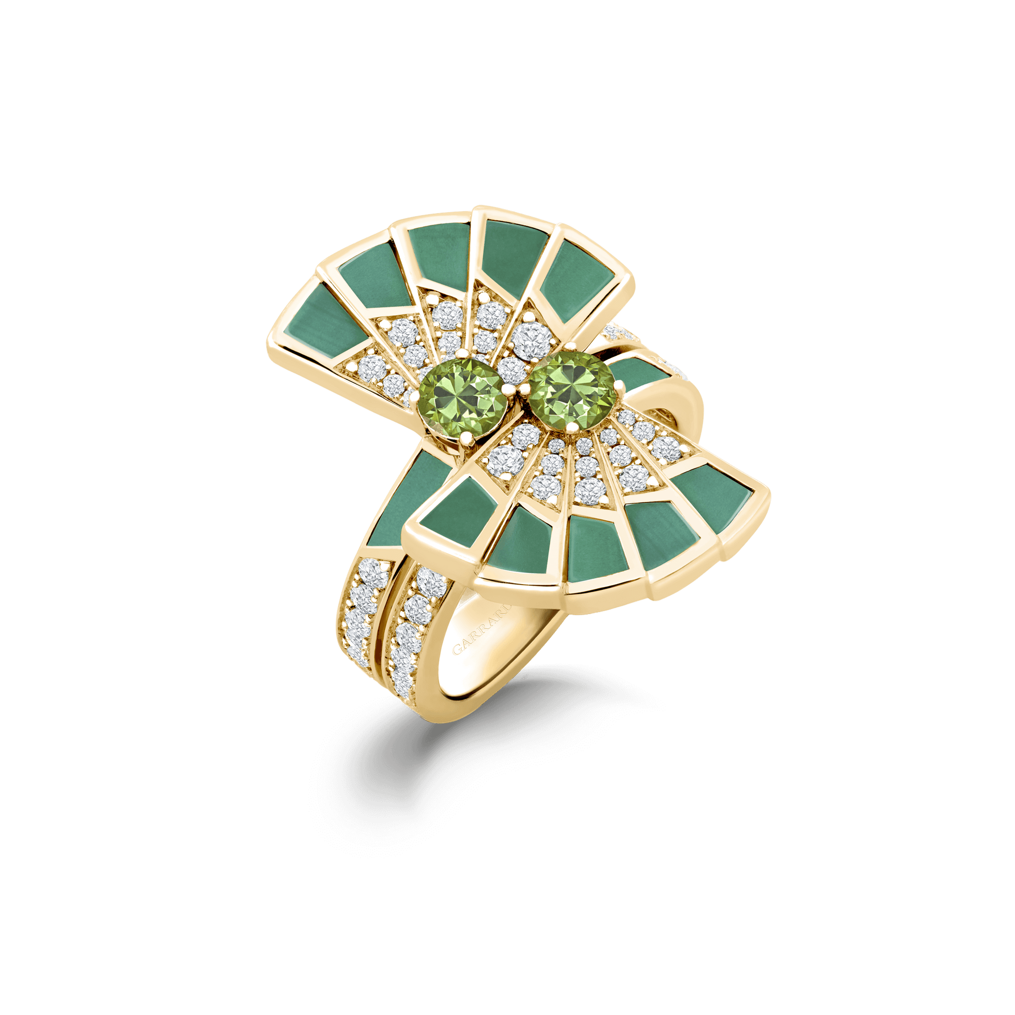 Garrard Fanfare Symphony jewellery collection Double Tsavorite and Apple Malachite Ring In 18ct Yellow Gold with Diamonds 2018720 Hero