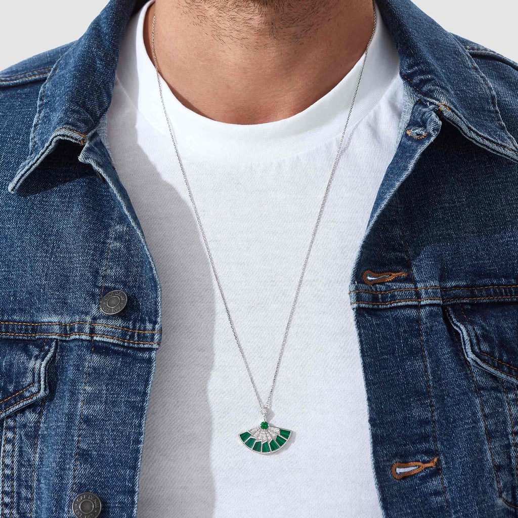 Garrard Fanfare Symphony jewellery collection Emerald and Malachite Slider Pendant In 18ct White Gold with Diamonds 2018259 male model