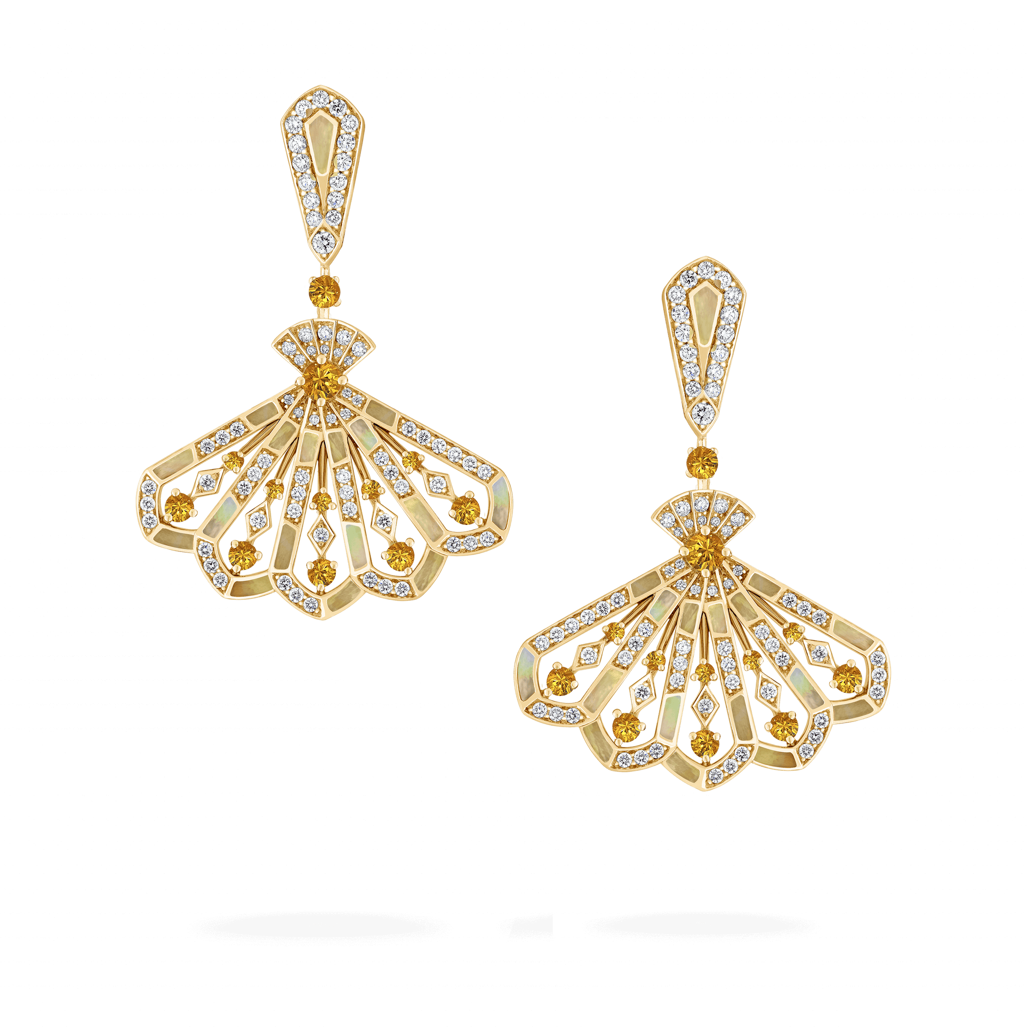 Garrard Fanfare Symphony jewellery collection Fanfare Symphony Diamond and Orange Sapphire Drop Earrings In 18ct Yellow Gold with Golden Mother of Pearl 2018744