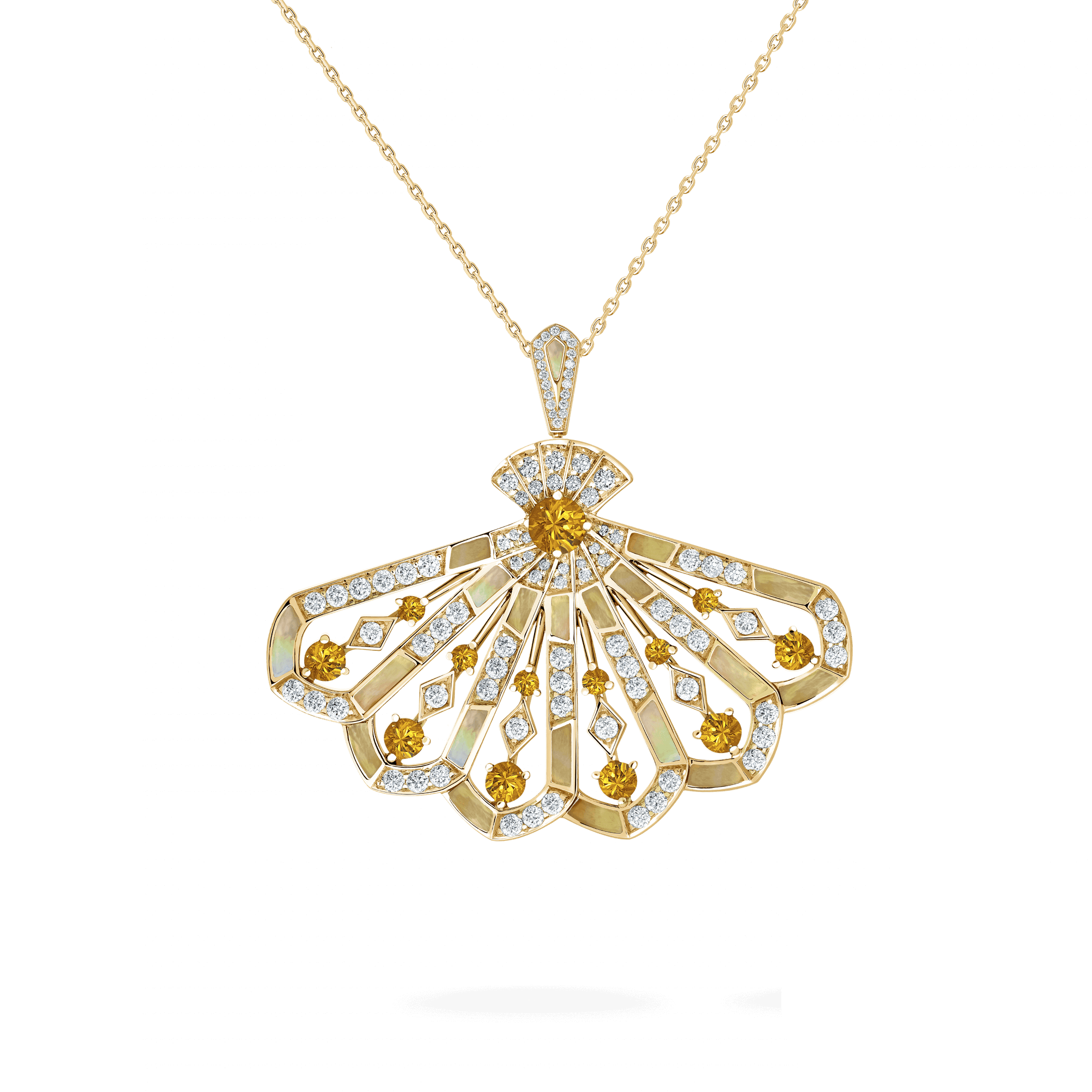 Garrard Fanfare Symphony jewellery collection Fanfare Symphony Diamond and Orange Sapphire Drop Pendant In 18ct Yellow Gold with Golden Mother of Pearl 2018756