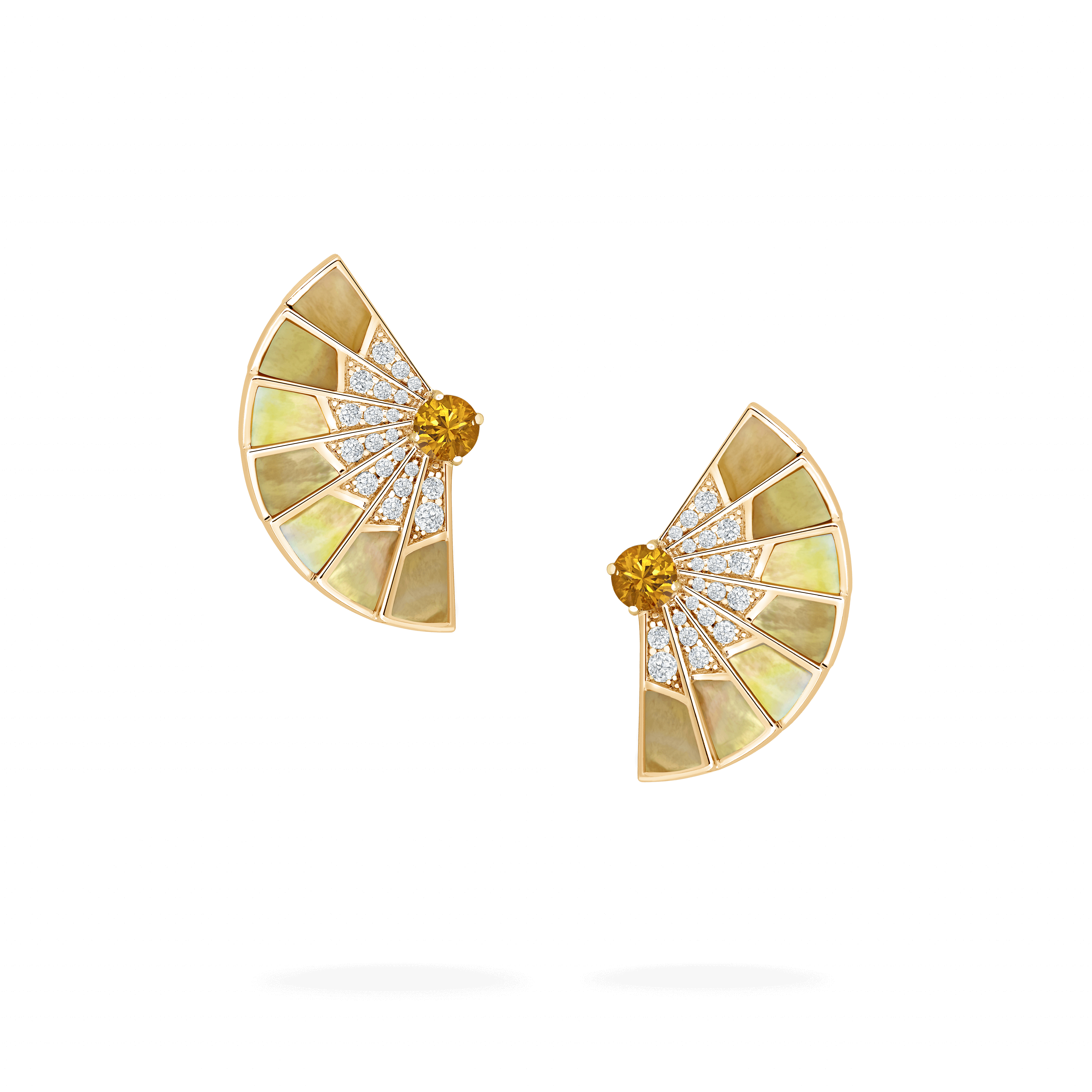 Garrard Fanfare Symphony jewellery collection Orange Sapphire and Golden Mother of Pearl Earrings In 18ct Yellow Gold with Diamonds 2018711 Hero View