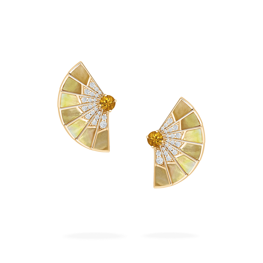 Garrard Fanfare Symphony jewellery collection Orange Sapphire and Golden Mother of Pearl Earrings In 18ct Yellow Gold with Diamonds 2018711 Hero View