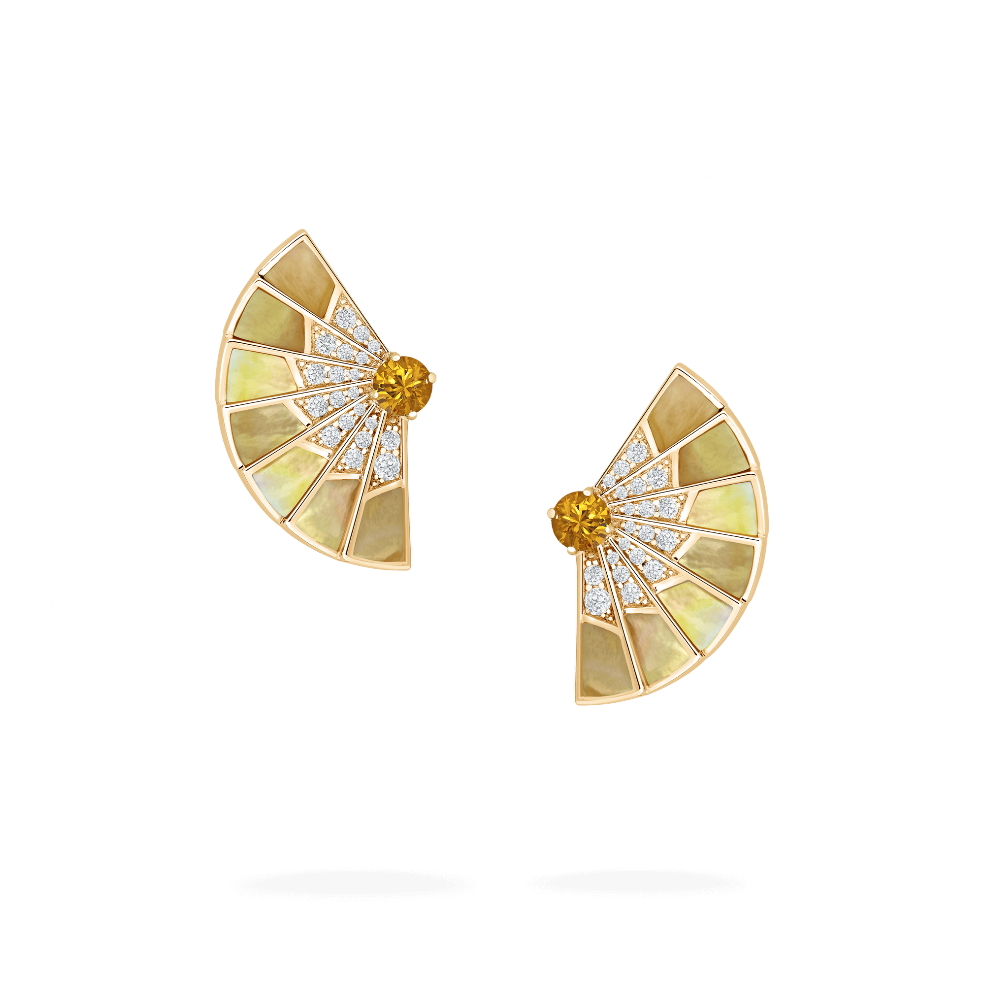 Garrard Fanfare Symphony jewellery collection Orange Sapphire and Golden Mother of Pearl Earrings In 18ct Yellow Gold with Diamonds 2018711 Hero View