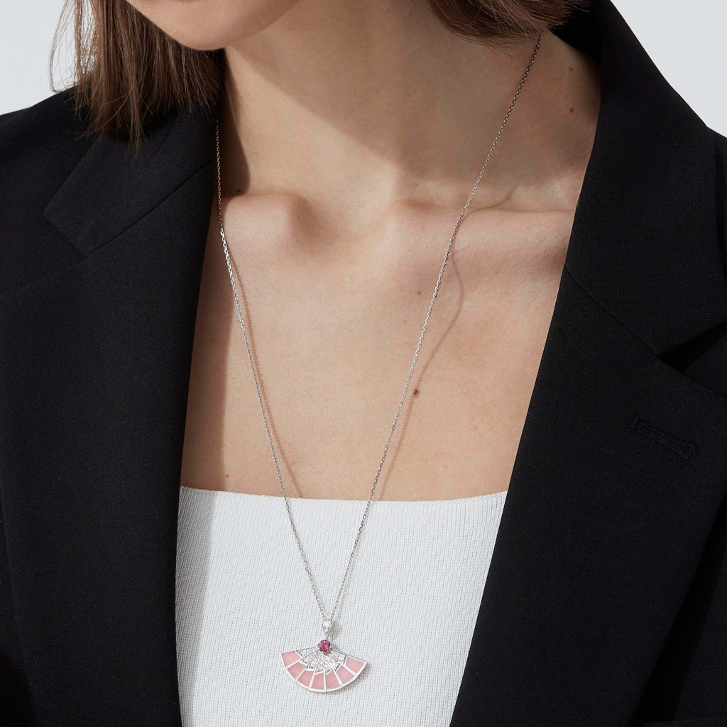 Garrard Fanfare Symphony jewellery collection Pink Tourmaline and Pink Opal Slider Pendant In 18ct White Gold with Diamonds 2018257 Model View