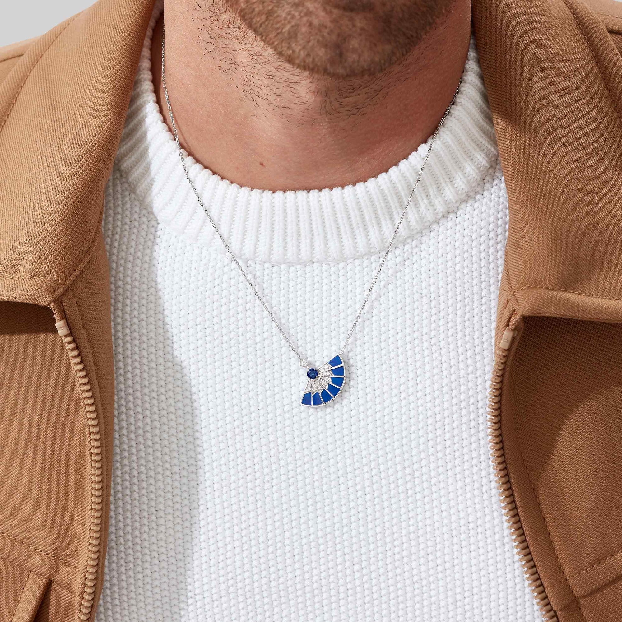 Garrard Fanfare Symphony jewellery collection Sapphire and Lapis Lazuli Pendant In 18ct White Gold with Diamonds 2017338 male model