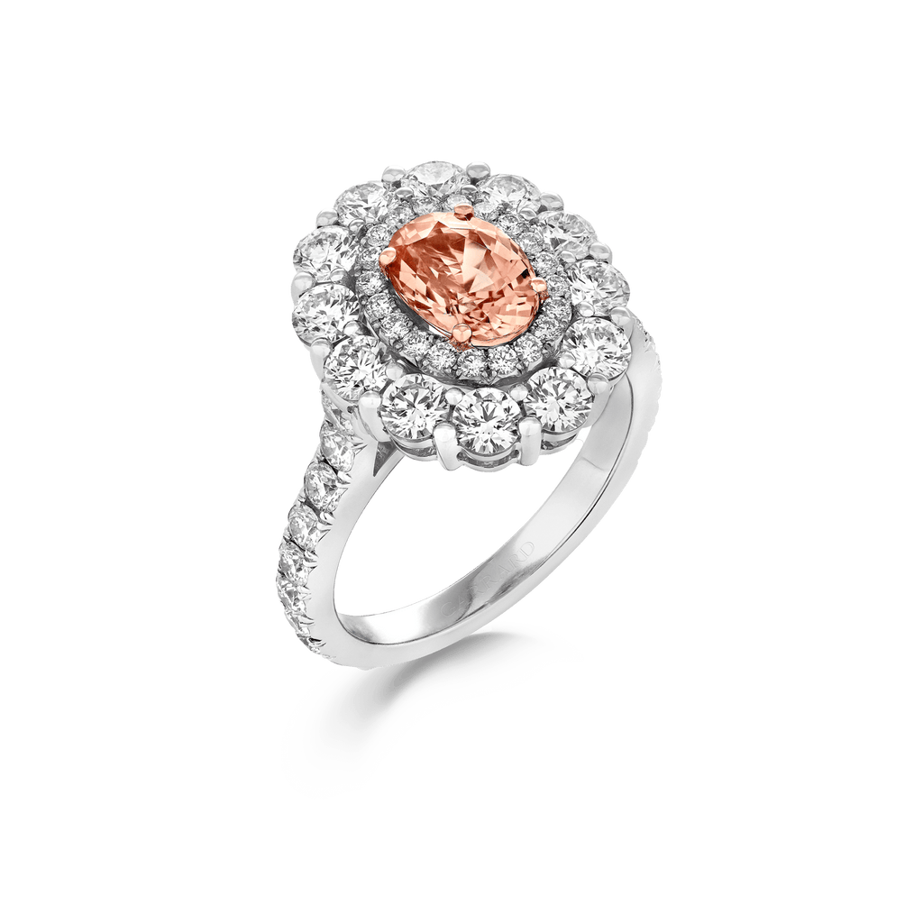 Garrard Jewelled Vault 1.59ct Oval Padparadscha Sapphire and Diamond 1735 Double Cluster ring in Platinum 2017842