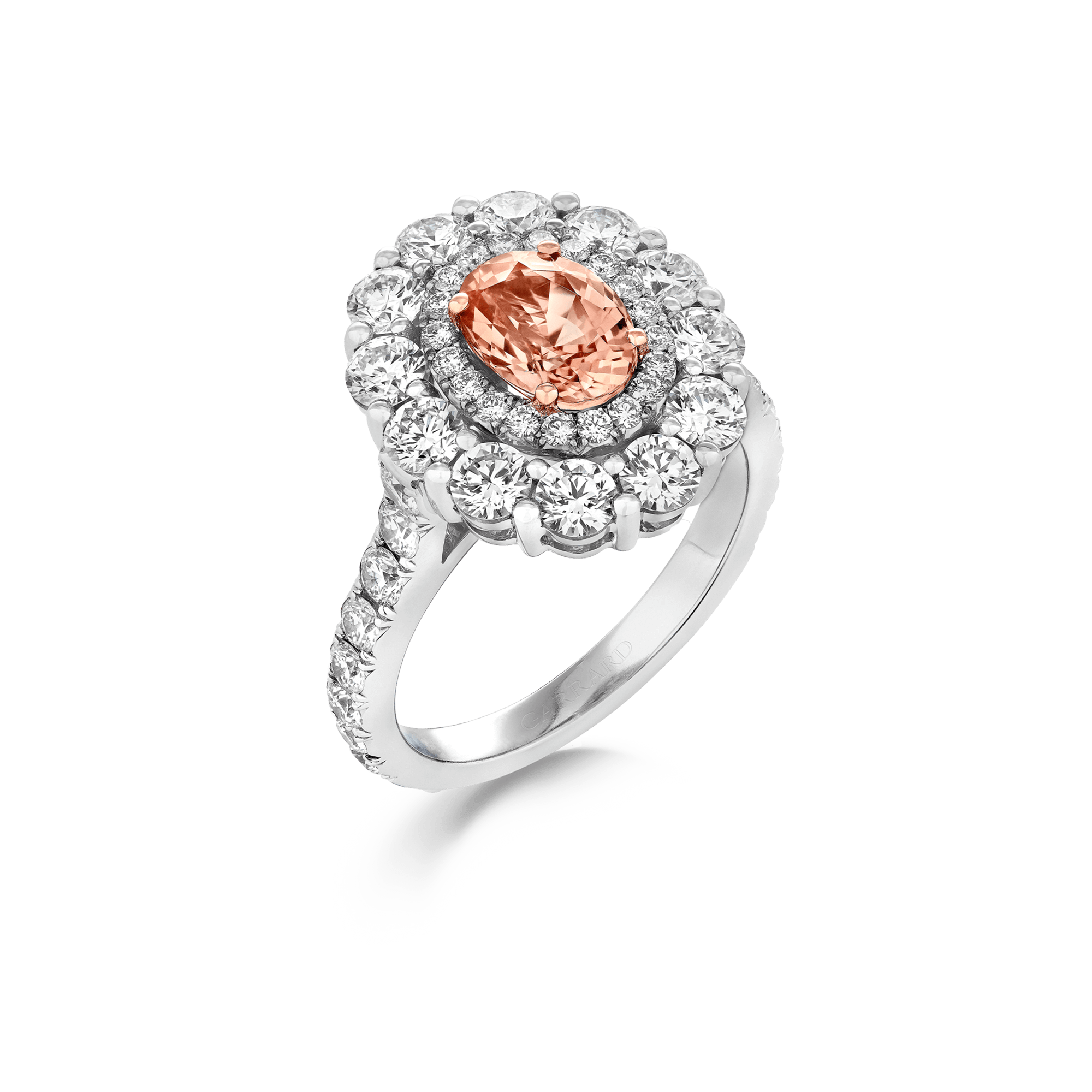 Garrard Jewelled Vault 1.59ct Oval Padparadscha Sapphire and Diamond 1735 Double Cluster ring in Platinum 2017842