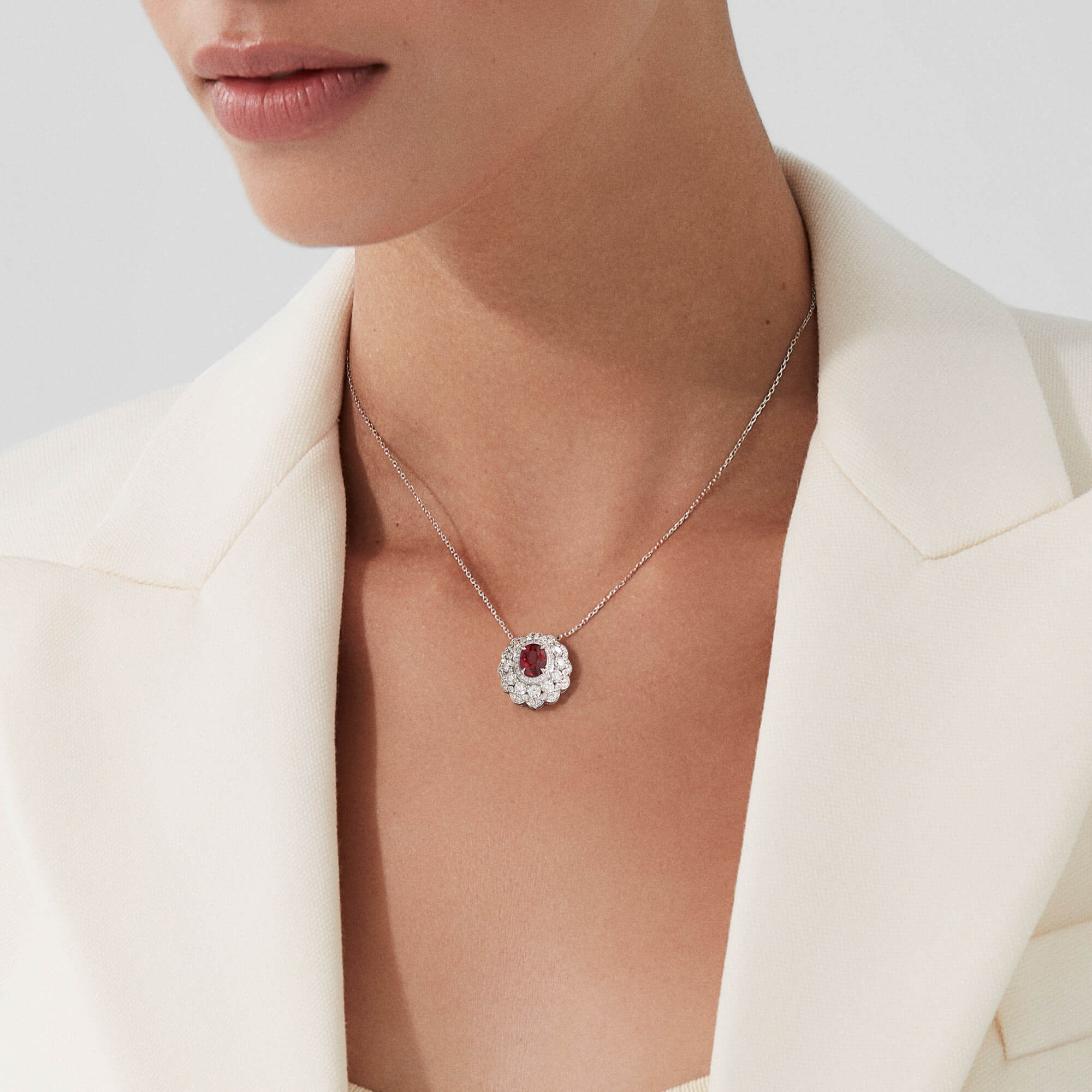 Jewelled Vault 2.06ct Oval Pigeon's Blood Ruby and Diamond High Jewellery Pendant|In 18ct White Gold