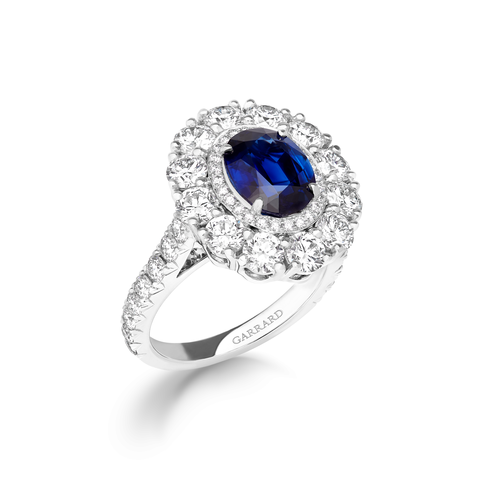 Jewelled Vault 2.83cts Oval Royal Blue Sapphire and Diamond Double Cluster Ring | In Platinum