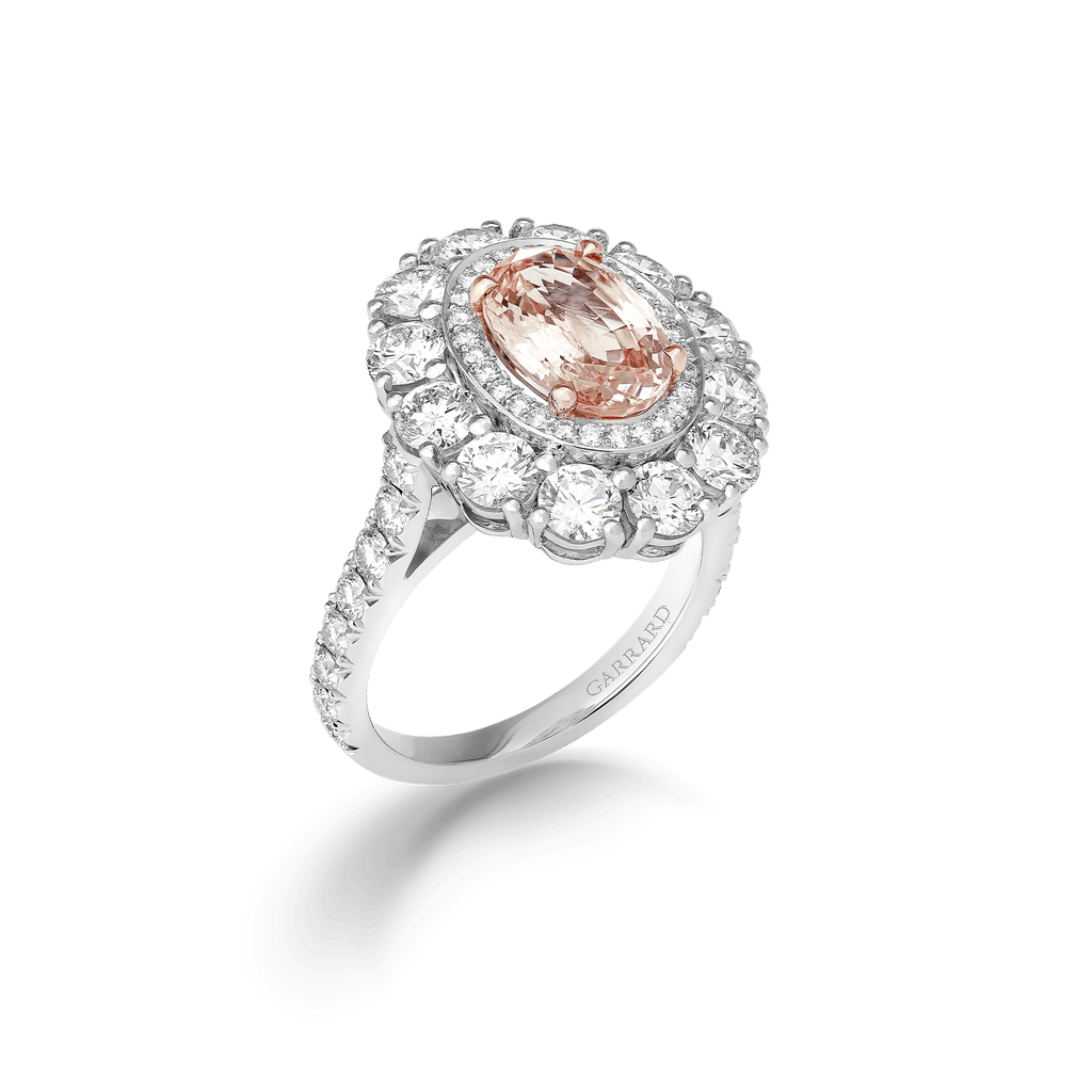 Garrard Jewelled Vault 3.09ct Oval Padparadscha Sapphire and Diamond 1735 Double Cluster Ring In Platinum 2018423 1