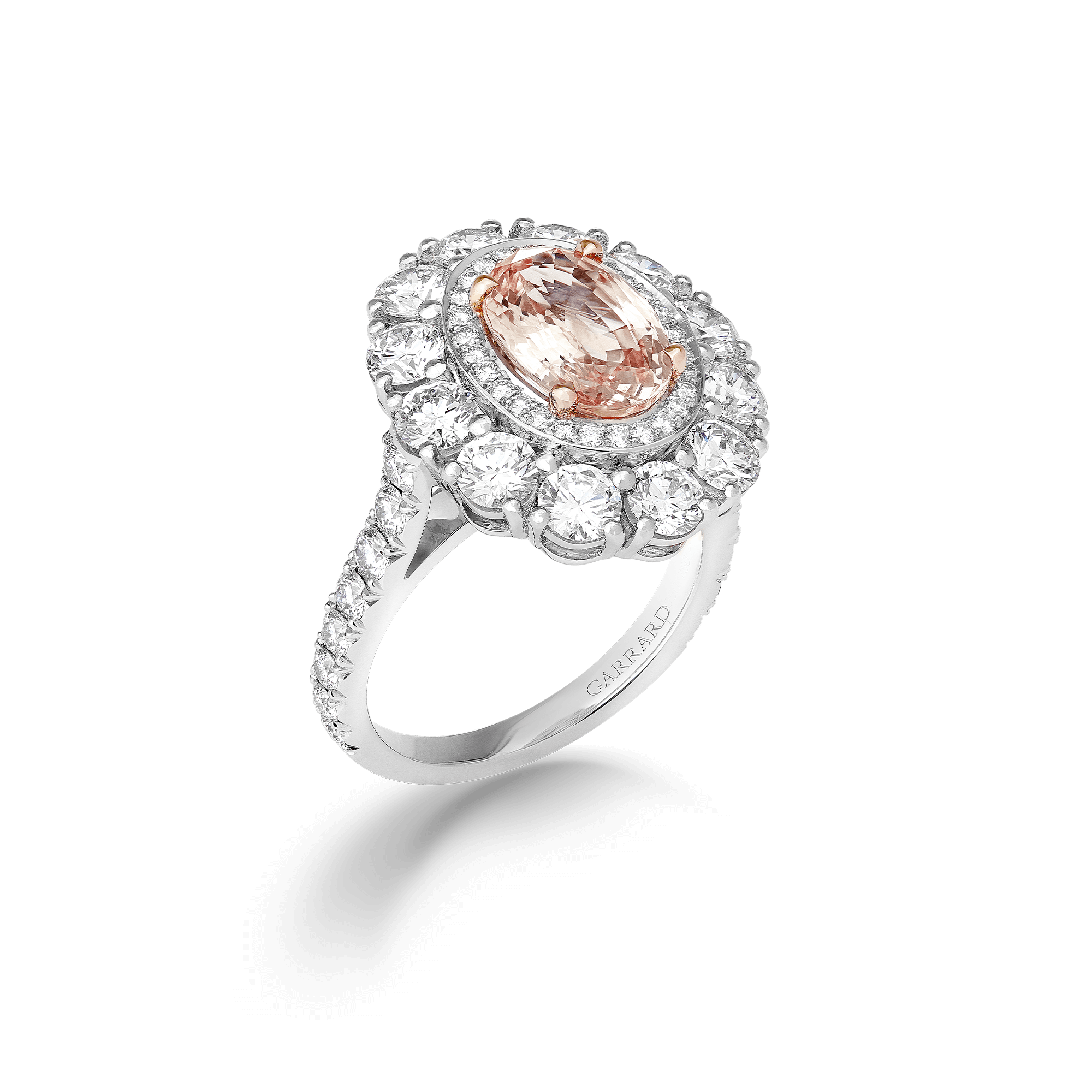 Garrard Jewelled Vault 3.09ct Oval Padparadscha Sapphire and Diamond 1735 Double Cluster Ring In Platinum 2018423 1