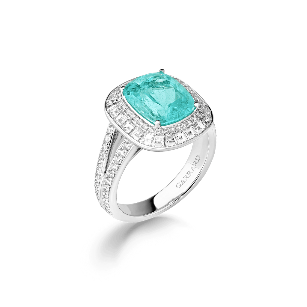 Garrard Jewelled Vault 4.02ct cushion cut Paraiba tourmaline and Diamond High Jewellery Ring, In 18ct White Gold, 2019029, Hero