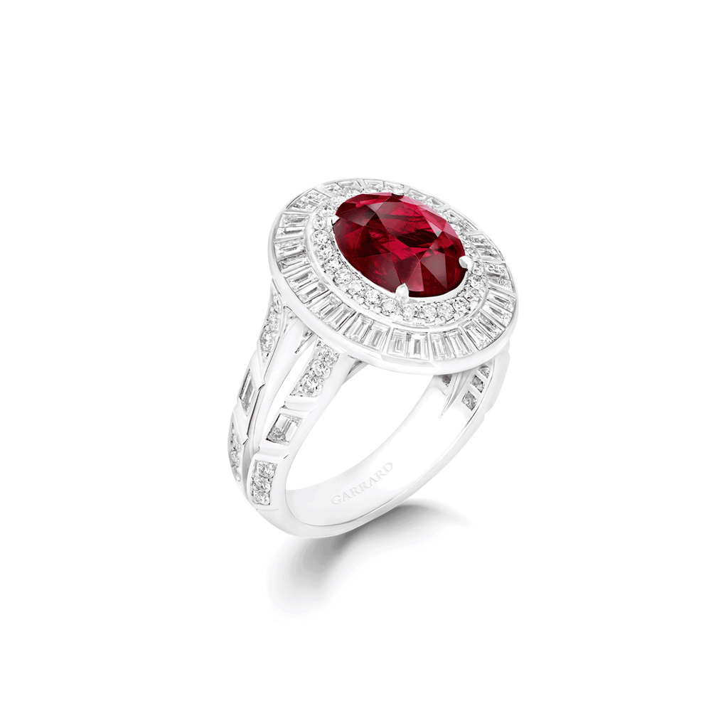 Garrard Jewelled Vault 5.03ct Oval Pigeons Blood Ruby and Diamond High Jewellery Ring In 18ct White Gold 201877