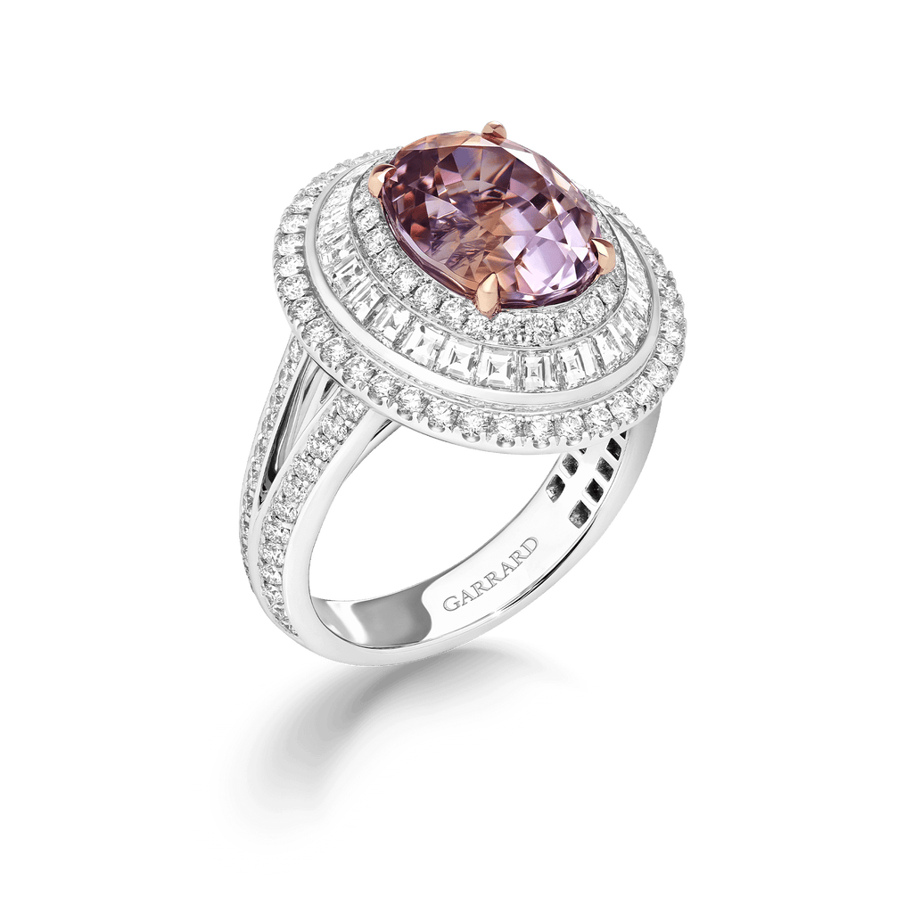 Garrard Jewelled Vault 7.44ct Oval Padparadscha Sapphire and Diamond Ring In 18ct White Gold, 2019211