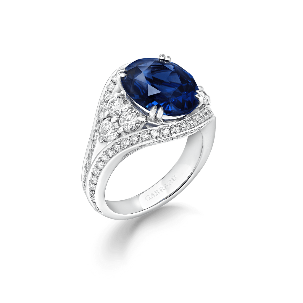 Garrard Jewelled Vault 8.08ct Oval Royal Blue Sapphire and Diamond High Jewellery Ring in 18ct White Gold, 2018239, Hero